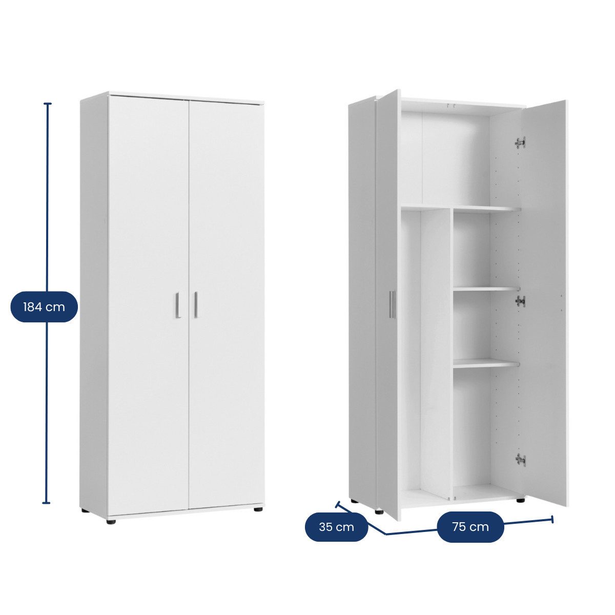 Home Collective Mehrzweckschrank 75 cm breit mit Einlegeböden 75x35x184 cm (BxTxH) Weiß (Vorratsschrank Universalschrank für Haushalt, Flur, Büro, Keller) mit 2 Einlegeböden und Fach für Staubsauger