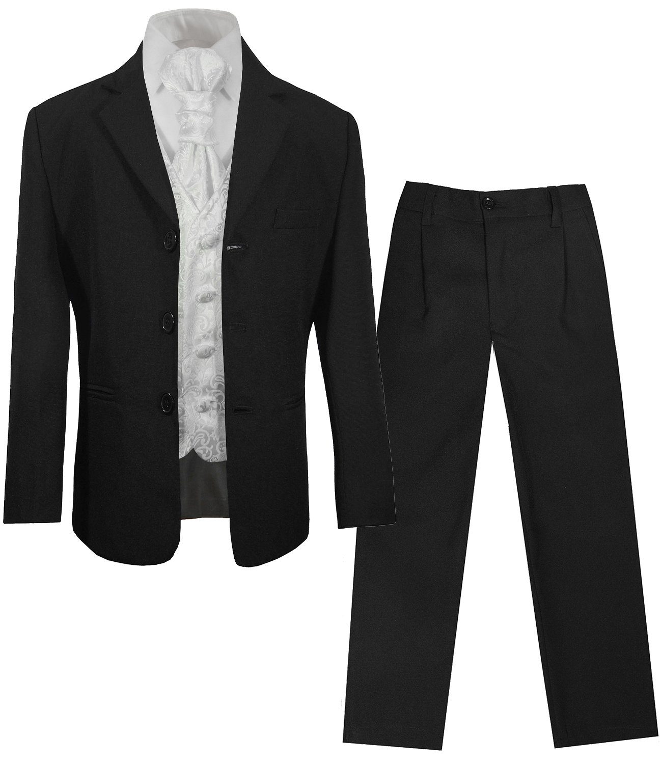 Paul Malone Kinderanzug 5-teilig Festlicher schwarzer Anzug für Jungen Kommunionanzug (Set, 5-tlg., mit Sakko, Hose, Hemd, Weste und Plastron) weiß, KA20KV43-Plastron, 86/92 (1 Jahr)