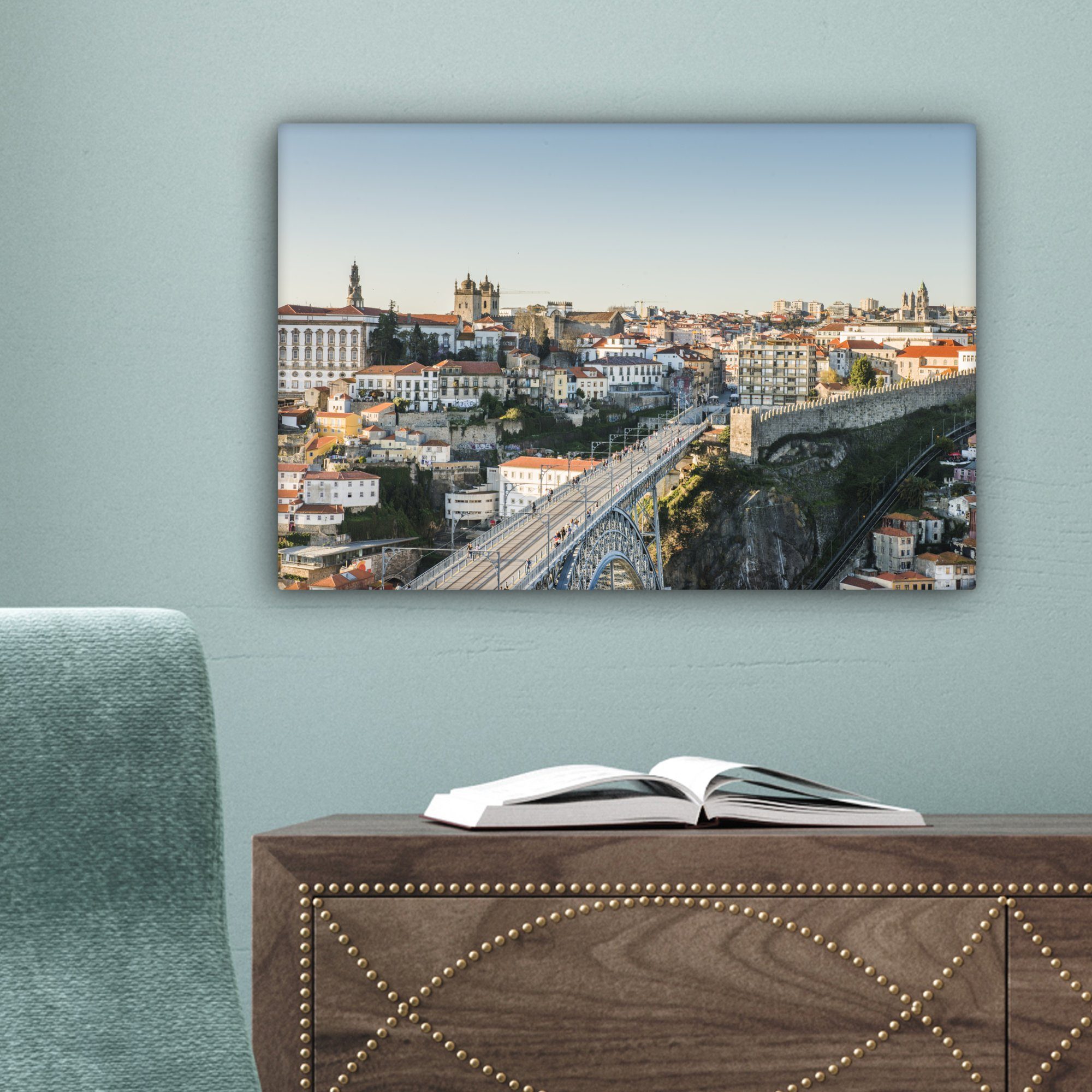 OneMillionCanvasses® Leinwandbild Brücke - (1 cm Leinwandbilder, St), 30x20 Portugal, Wanddeko, Aufhängefertig, - Porto Wandbild