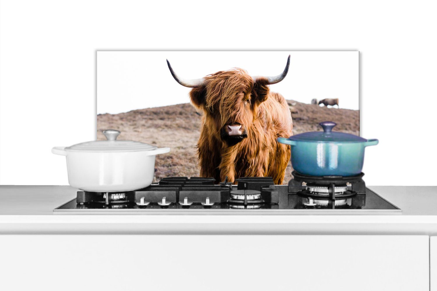 MuchoWow Küchenrückwand Schottische Highlander - Landschaft - Kuh - Braun - Tiere - Natur, (1-tlg), 60x30 cm, Wandschutz, gegen Fett und Schmutzflecken für Küchen