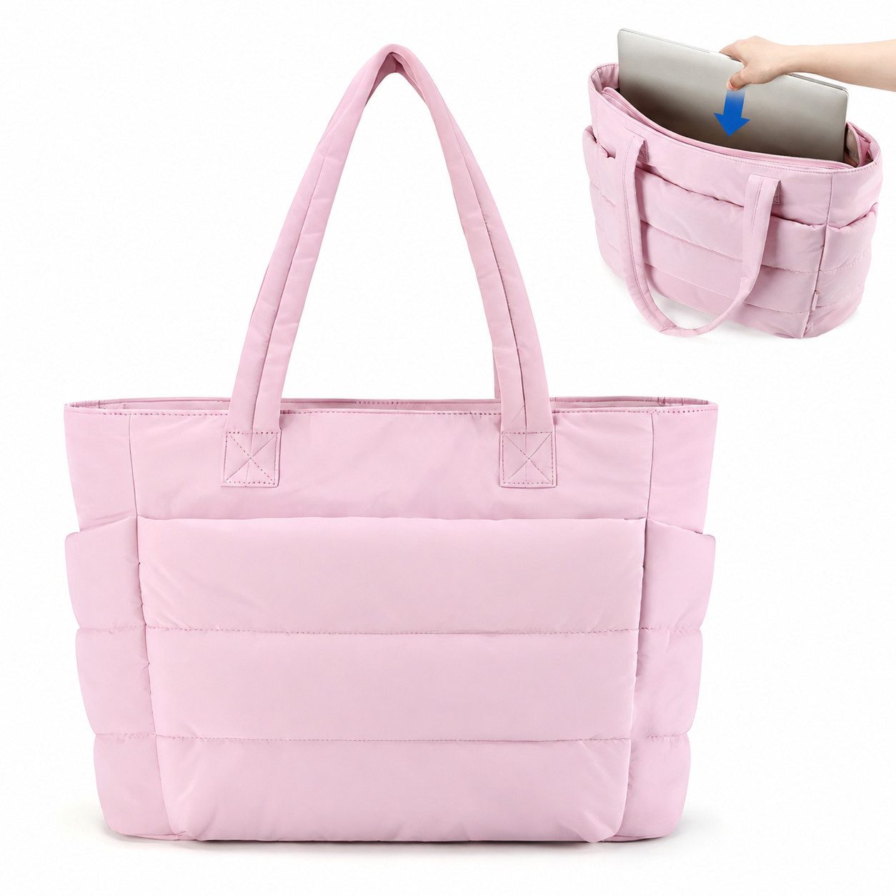 Fyrove Schultertasche Damen Shopper Tasche Rosa Große, Reisetasche mit Laptopfach (Geräumige Stepptasche mit Kofferband), ideal für Reisen, Büro und Shopping