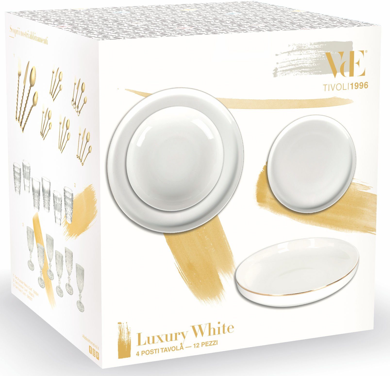 Teile, für Service, Villa White d'Este 4 4 (12-tlg), Geschirr-Set Luxury 12 China-Porzellan, Tafelservice, Personen, Personen weiß, Fine Teller-Set