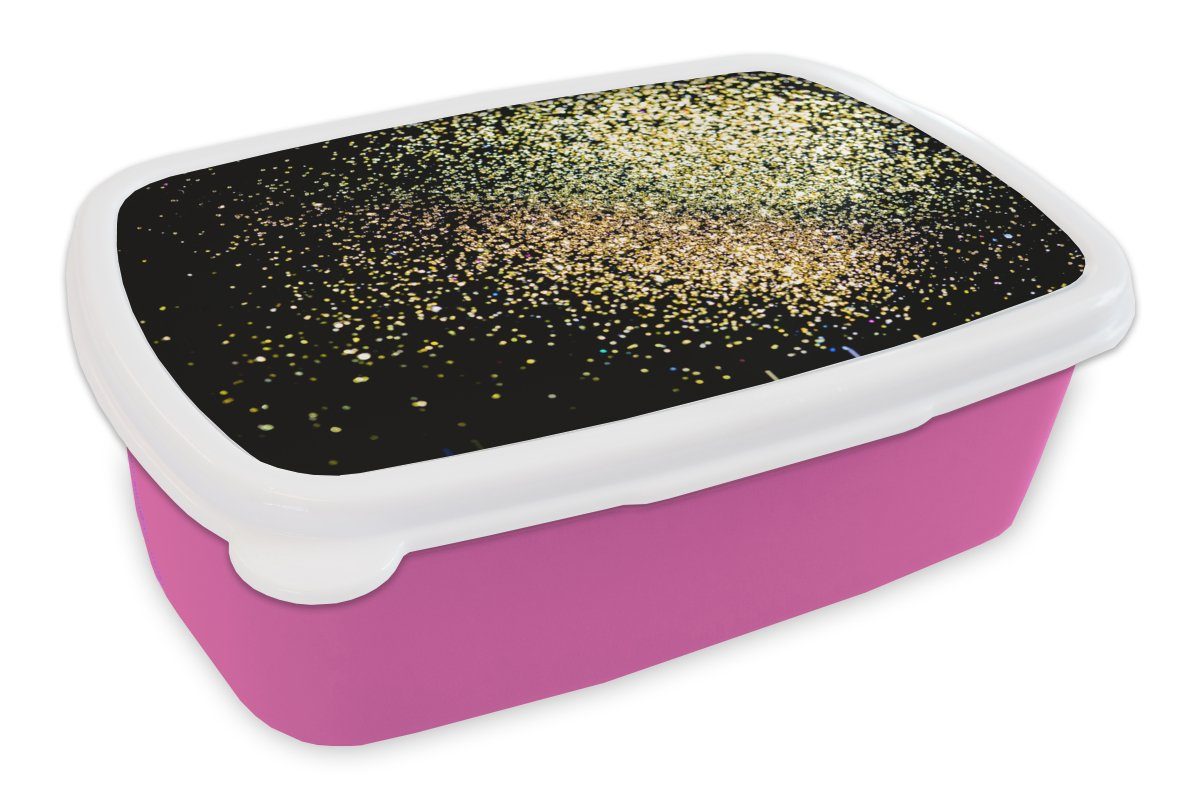 MuchoWow Lunchbox Luxus - Glitzer - Gold - Design - Schwarz, Kunststoff, (2-tlg), Brotbox für Erwachsene, Brotdose Kinder, Snackbox, Mädchen, Kunststoff rosa