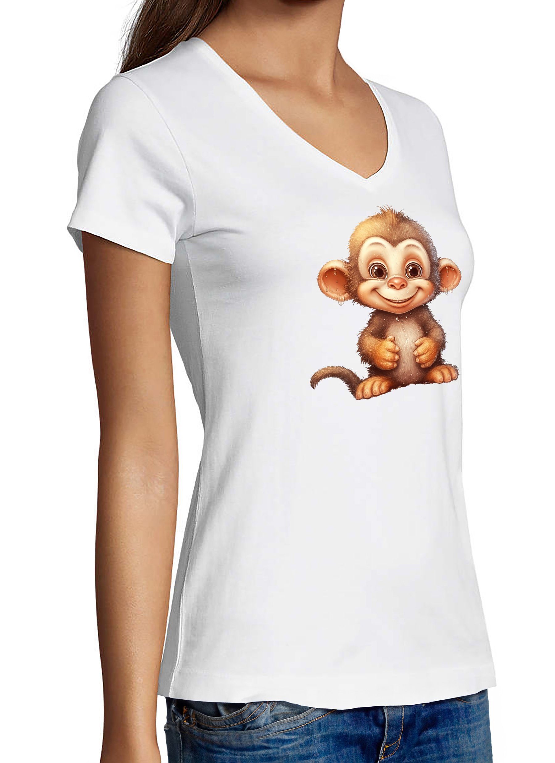 T-Shirt Affe - Fit Schimpanse MyDesign24 Aufdruck Damen Slim Shirt Baby Print mit V-Ausschnitt weiss Wildtier Baumwollshirt