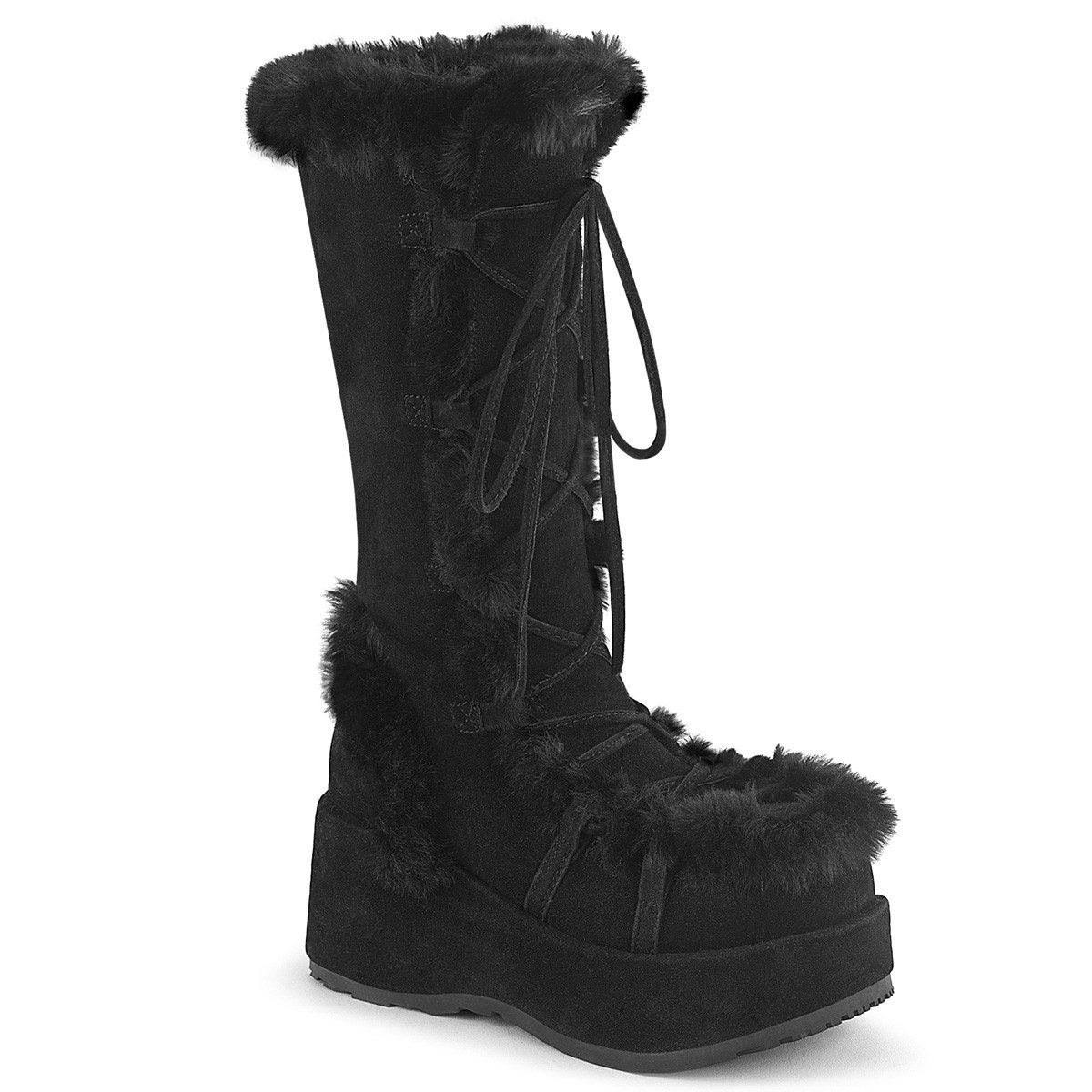 Sale CUBBY-311 Damenia Damen Schnür Plateaustiefel Fellbesatz schwarz High-Heel-Stiefel