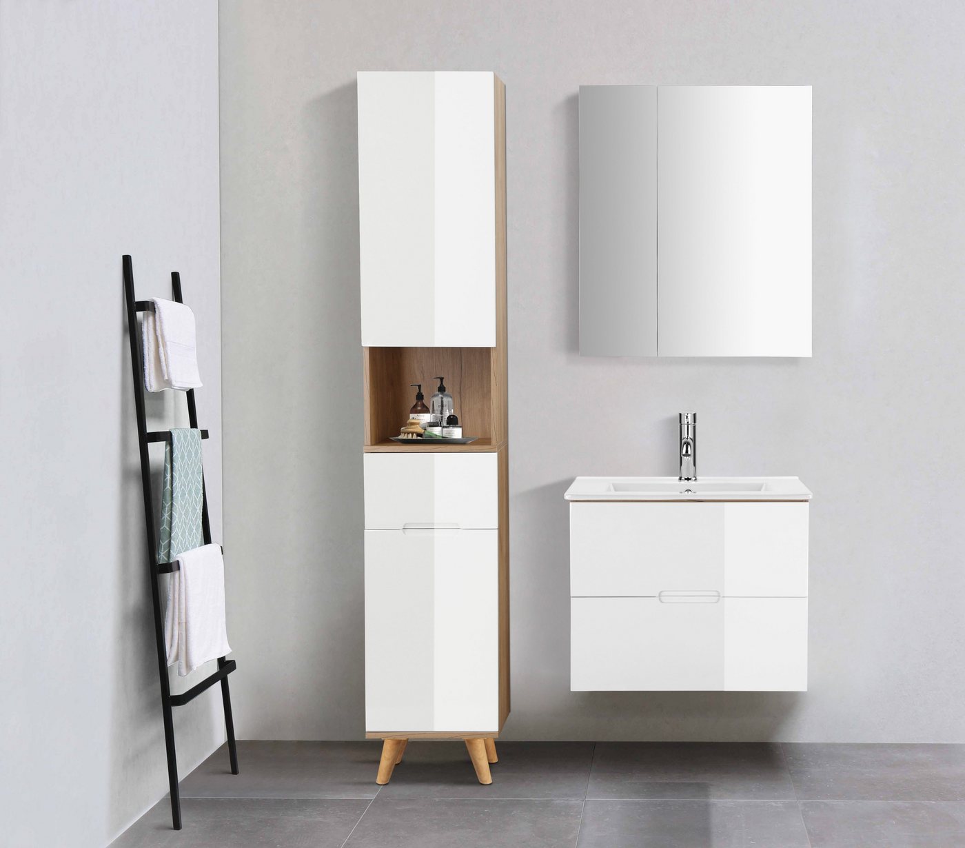 Thumbnail - welltime Waschtisch Lund Badmöbel Schrank Unterschrank mit Becken (Set), Waschplatz mit 2 Auszügen und Waschbecken Breit...