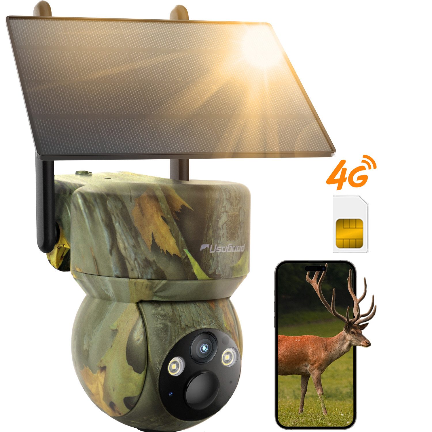 Usogood Wildkamera 4G LTE Überwachungskamera Aussen Solar Wildkamera (Außenbereich Sicherheit, Wild & Jagd, für Wildlife Monitoring, 2K Überwachungskamera Akku mit SIM Karte, 1-tlg., Outdoor Kamera Kabellos mit Bewegungsmelder Wasserdicht, Nachtsicht Farbe Jagdkamera für Naturbeobachtung, Jagd)