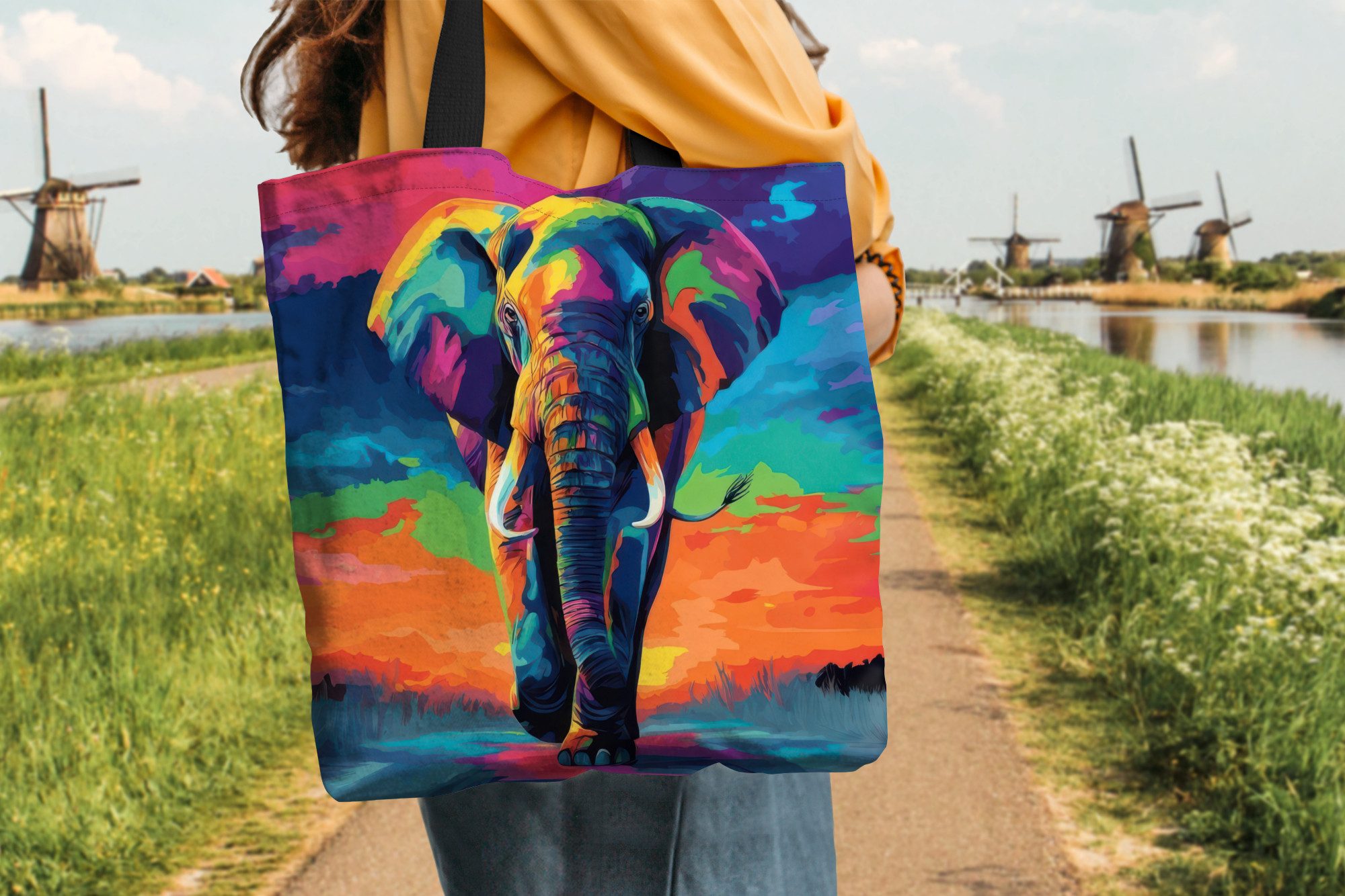 MuchoWow Shopper Elefant - Bunt - Himmel - Abstrakt, Handtasche, Damen und Herren, Schultertasche, Umhängetasche, Tote Bag