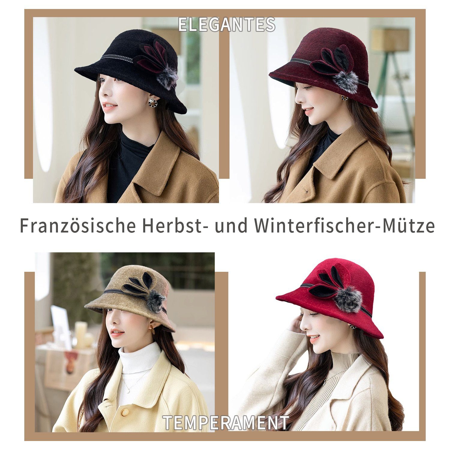 MAGICSHE rot elegante Filzhut Fischerhüte Hut Damen Fedora Wollfilz Vintage