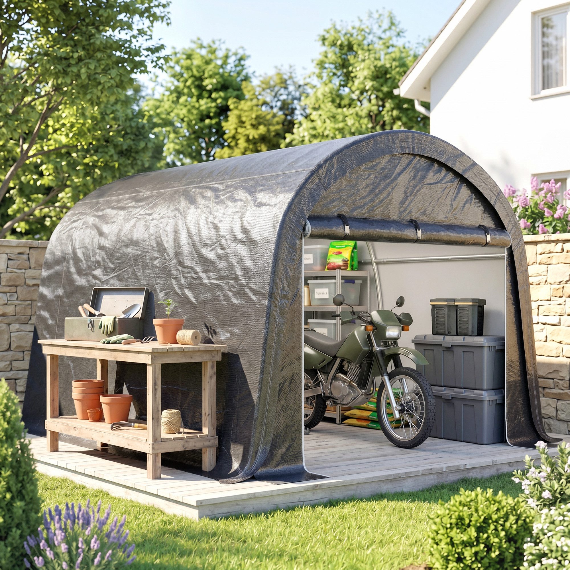 Outsunny Faltgarage Foliengerätehaus, 3 x 3 m Gerätehaus mit UV-Schutz (Lagerzelt, 1-St., Foliengarage), für Garten, Balkon, Stahl, PE, Grau