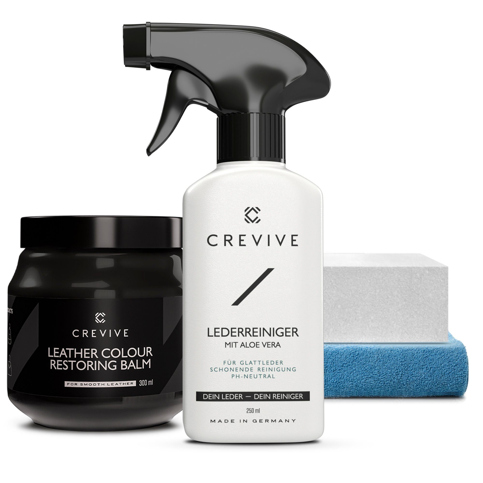 CREVIVE Lederpflegeset (SPARSET 4-teilig, Lederreparatur, sehr ergiebig), 300 ml Lederbalsam + 250 ml Lederreiniger mit Aloe Vera, Lederpflege