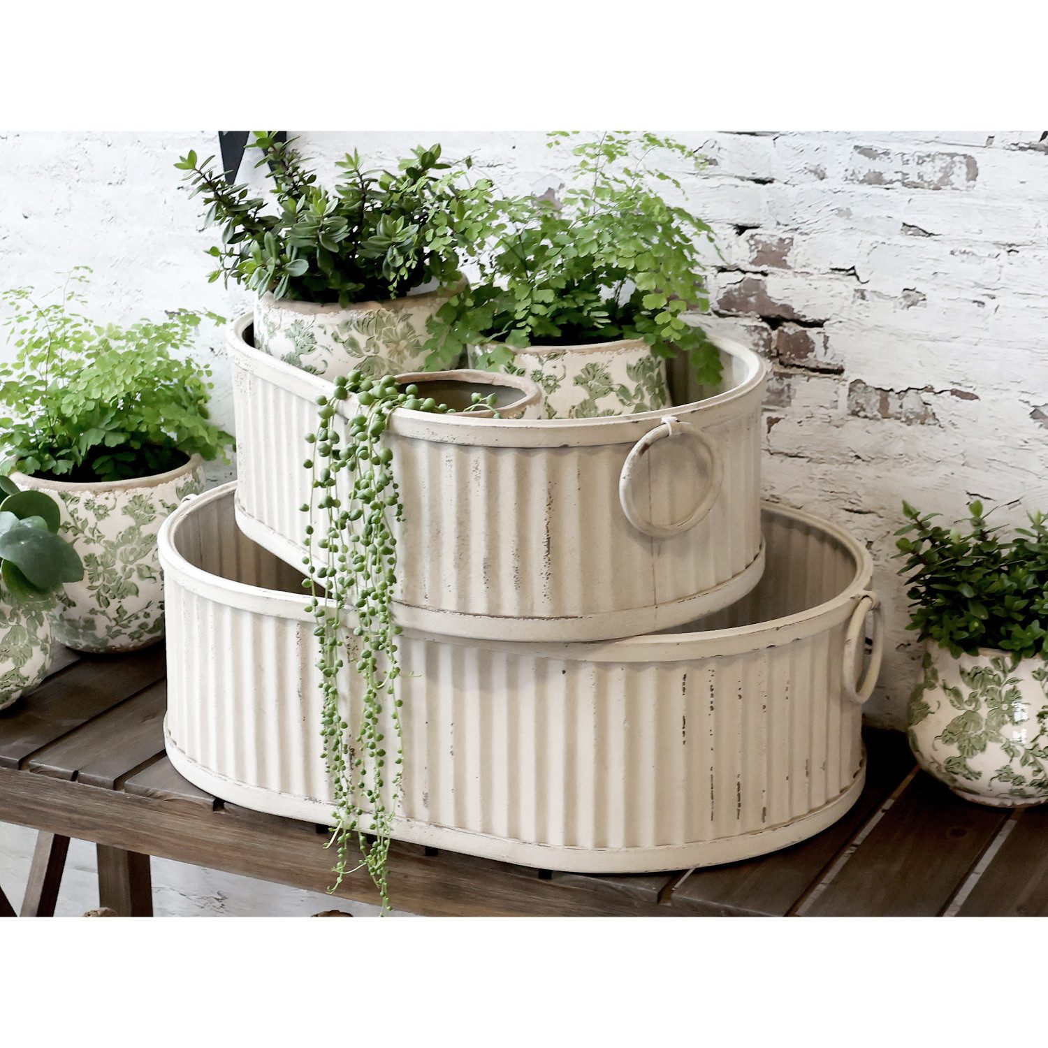 Macosa Home Pflanzschale Dekotablett 2er Set Altweiß 63 cm 55 cm Eisen Tablett Metall (2 St., Pflanzschale Dekoschale Metallschale Metalltablett Eisentablett), Pflanztabletts XXL Dekotablett weiß