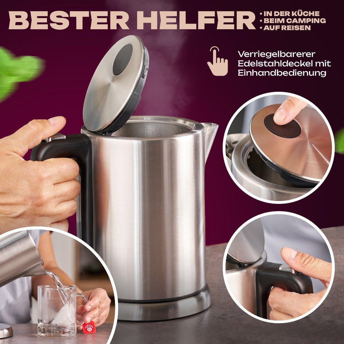 ProfiCook Wasserkocher PC-WKS 1106, Wasserkocher mit bis zu 1,0 Liter Füllmenge