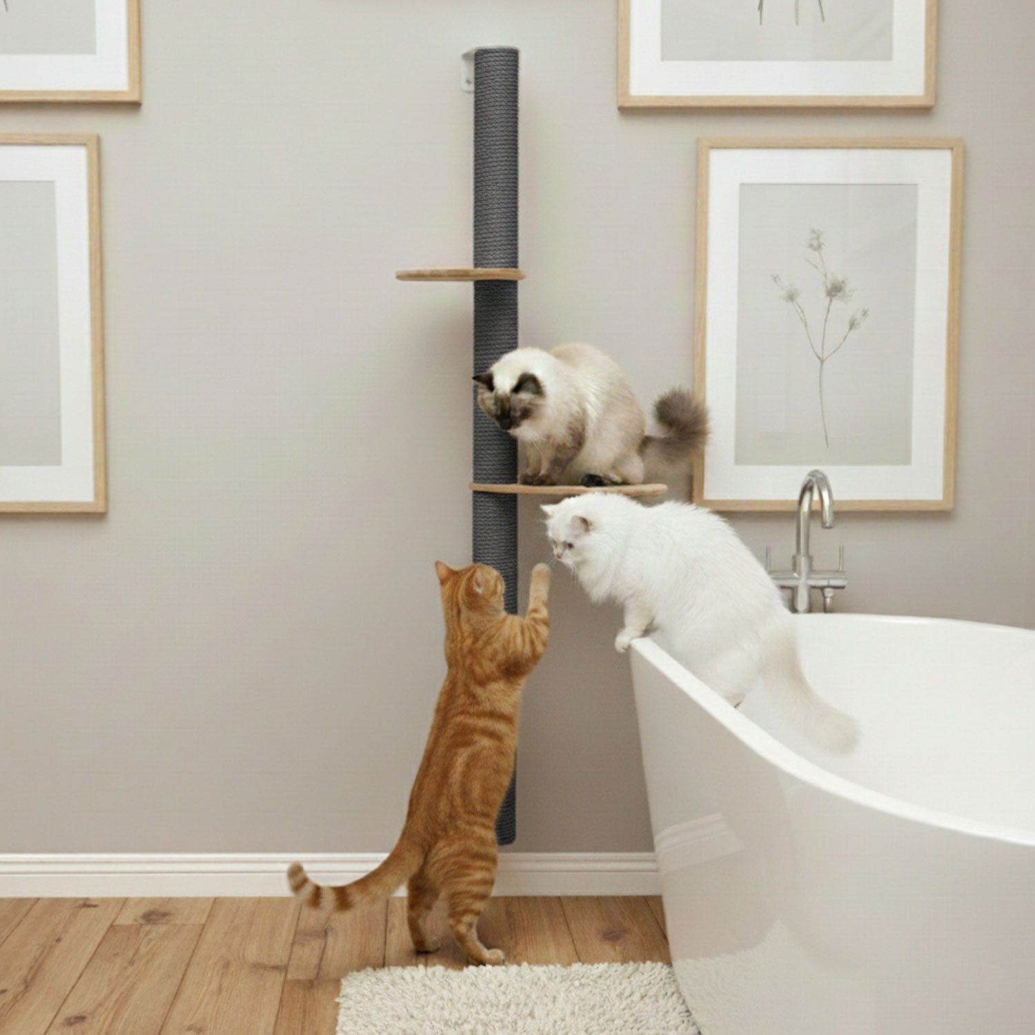 eyepower Kratzbaum zur Wandmontage - 132cm Wandkratzbaum für Katzen mit 2 Bambus Plateaus, Sisalstamm Wand - Katzenkratzbaum platzsparend - Kletterwand Katze