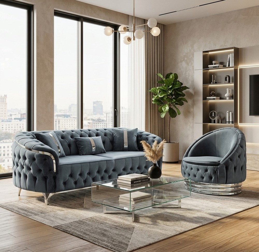 JVmoebel Chesterfield-Sofa Graue Moderne Chesterfield Sofagarnitur Stilvoller 3-er Textilsessel, 2 Teile, Made in Europa