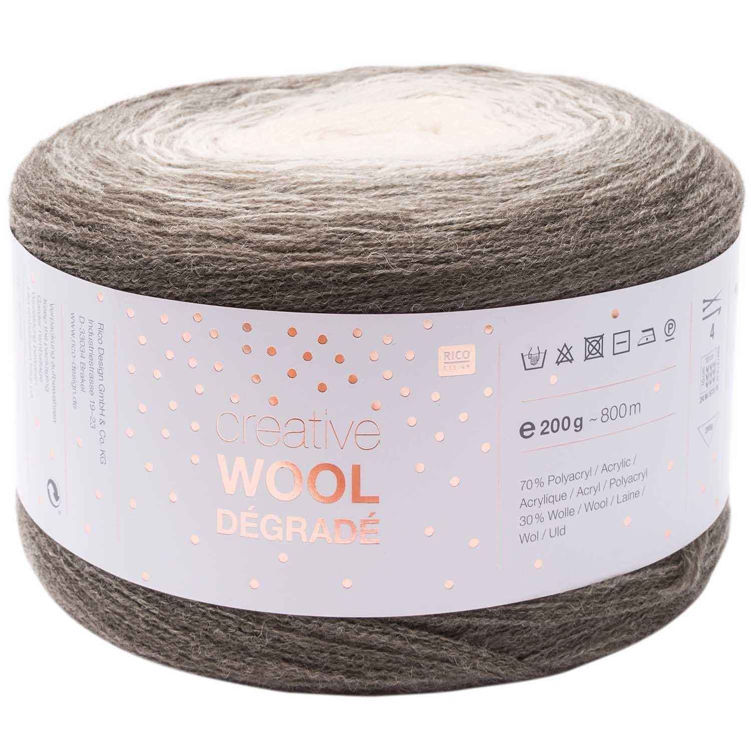 Rico Design Creative Wool Degrade & Super6 Farbverlaufswolle Stricken Häkeln Häkelwolle, 800,00 m (200g Strickwolle Strickgarn Handstrickgarn mit Farbverlauf, Farbverlaufsgarn mit Wolle zum stricken und häkeln), mit Anleitung für 1 Tuch in der Bandarole
