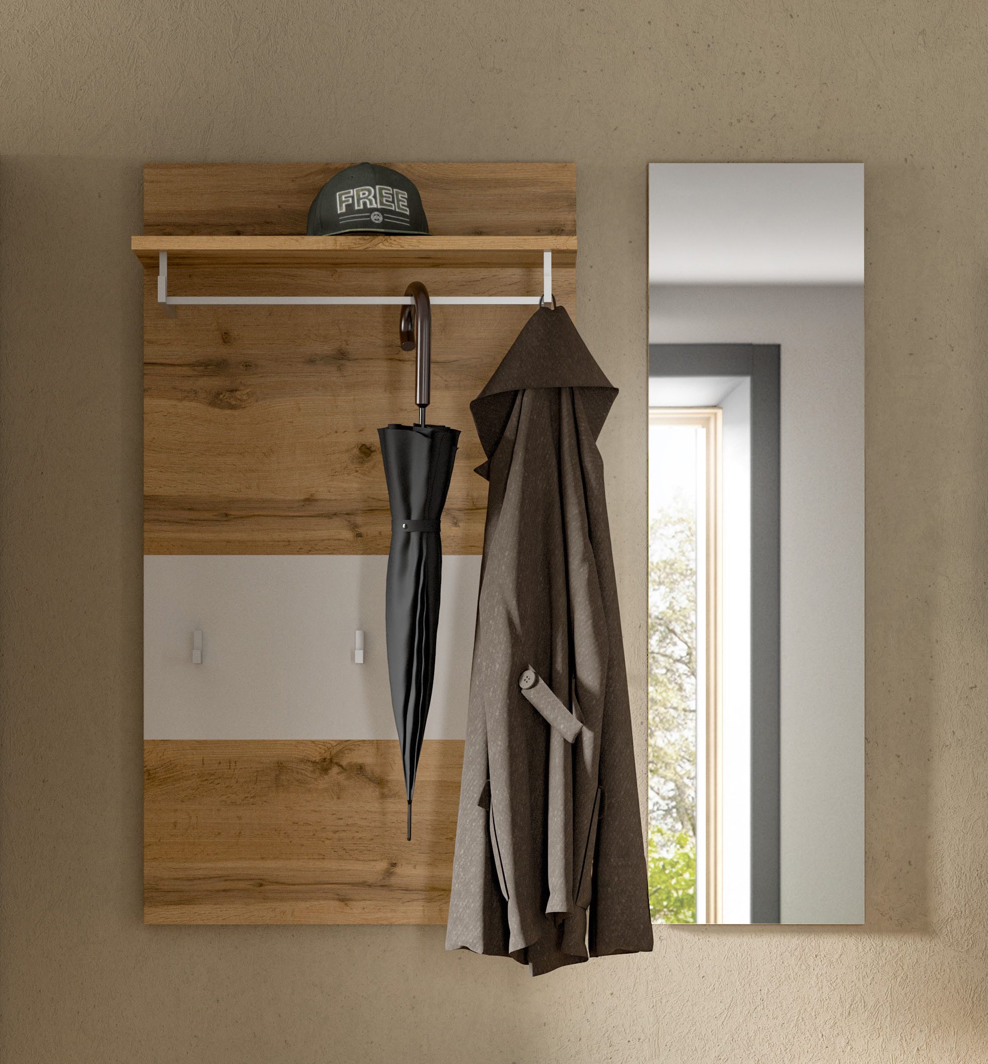 OTTO home Garderobenpaneel AOSTA, 2 teilig, inkl. Spiegel, 3 Haken, Ablageboden (2 St., in verschiedenen Farbausführungen erhältlich, individuell kombinierbar), Paneel, Spiegel, Set, Flurgarderobe, Wandgarderobe, Wandpaneel