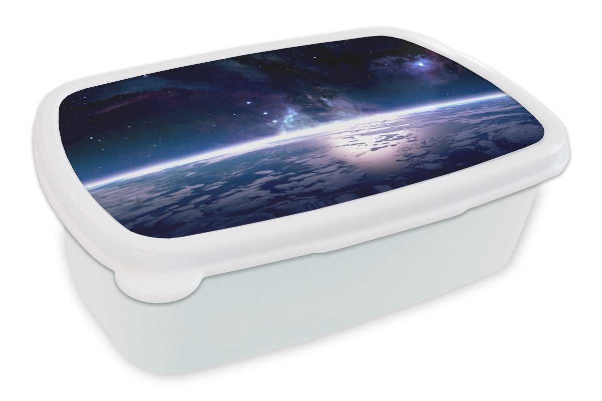 MuchoWow Lunchbox Weltraum - Erde - Licht, Kunststoff, (2-tlg), Brotbox für Kinder und Erwachsene, Brotdose, für Jungs und Mädchen weiß