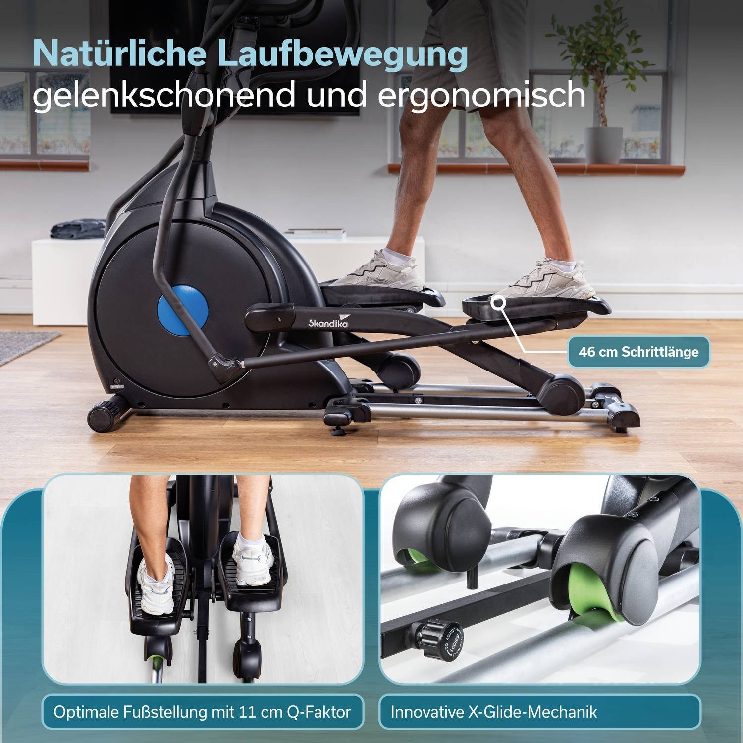 Skandika Crosstrainer CardioCross Carbon Champ, Ellipsentrainer für Zuhause bis 150 kg, mit 24,5kg Schwungmasse, Magnetbremssystem, Kinomap/App Kompatibel