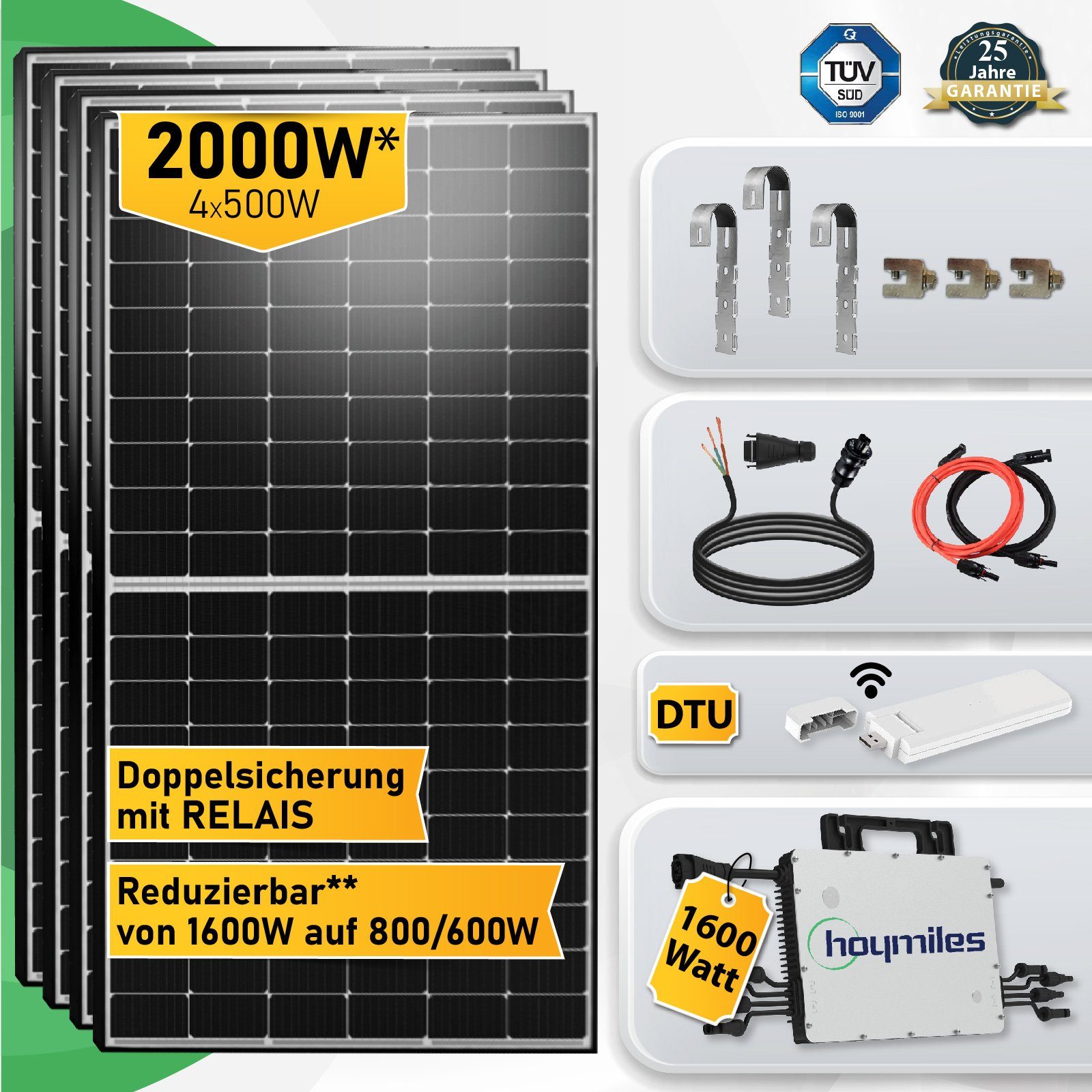 Campergold Solaranlage 2000W (Mit Wechselrichter, Balkonkraftwerk, HMS-1600-4T Photovoltaik Montage Balkongeländer (4x DTU-WLite-S) Eckig, 500W) Hoymiles
