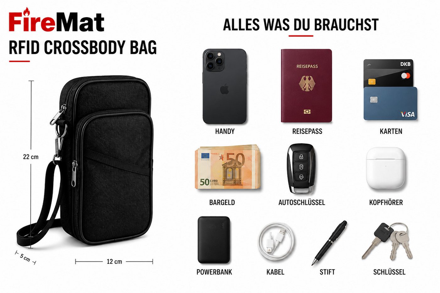 FireMat Umhängetasche Crossbody Schultertasche mit RFID-Schutz, Feuerfest & Wasserfest
