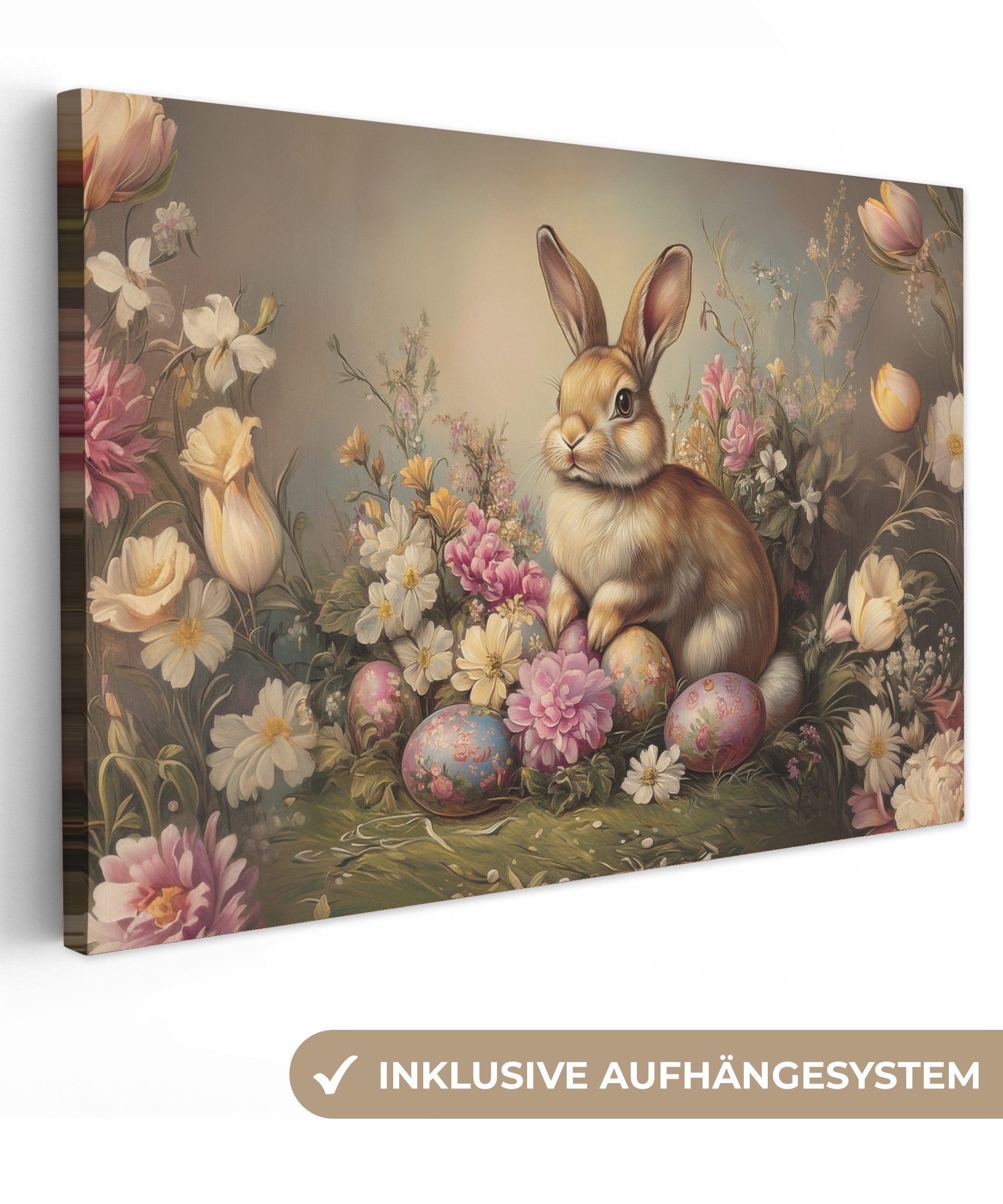 OneMillionCanvasses® Leinwandbild Hase - Stilleben - Blumen - Ostern Deko, Fotodruck (1 St), Leinwand Bilder Klein, Wand Dekoration Aesthetic 30x20 cm