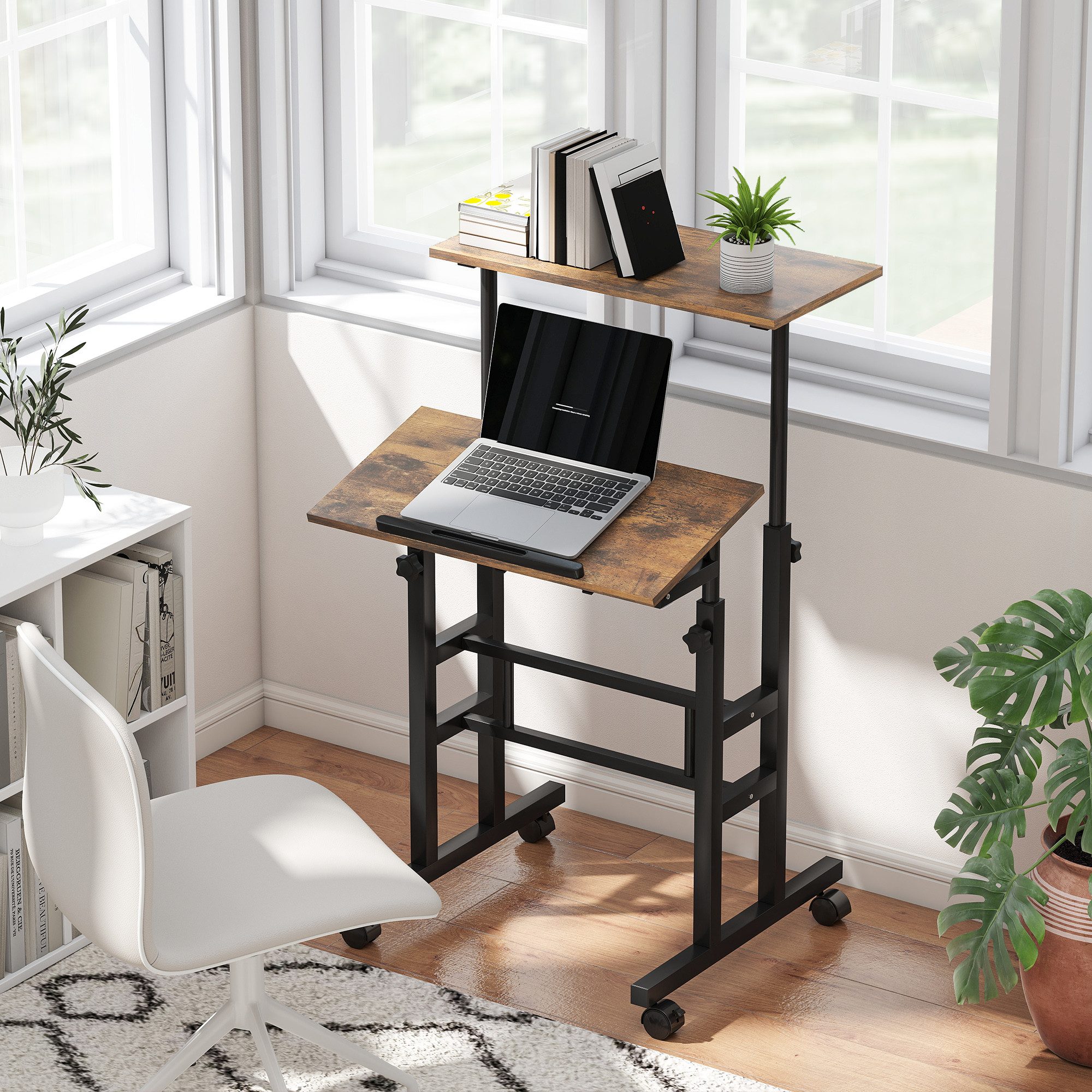 HOMCOM Schreibtisch Küchentisch mit Regal, Rollen, Computertisch, Büroregal (Laptoptisch, 1-St., Arbeitstisch), Höhenverstellbar, Rustikal-Braun