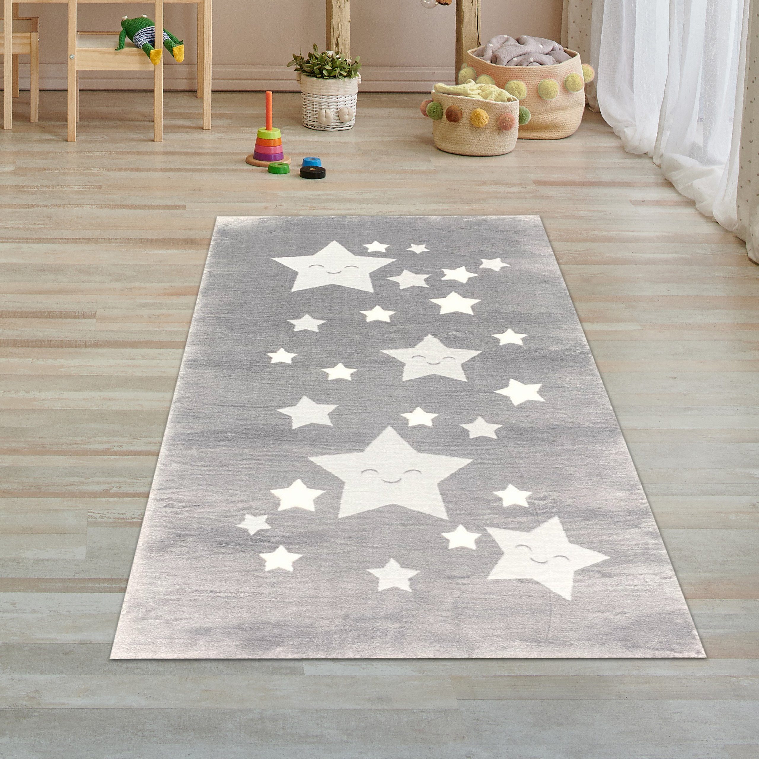 Kinderteppich Kinderteppich flauschig weich pflegeleicht Sterne in  anthrazit, Teppich-Traum, rechteckig, Schmutzabweisend, Allergiker -freundlich