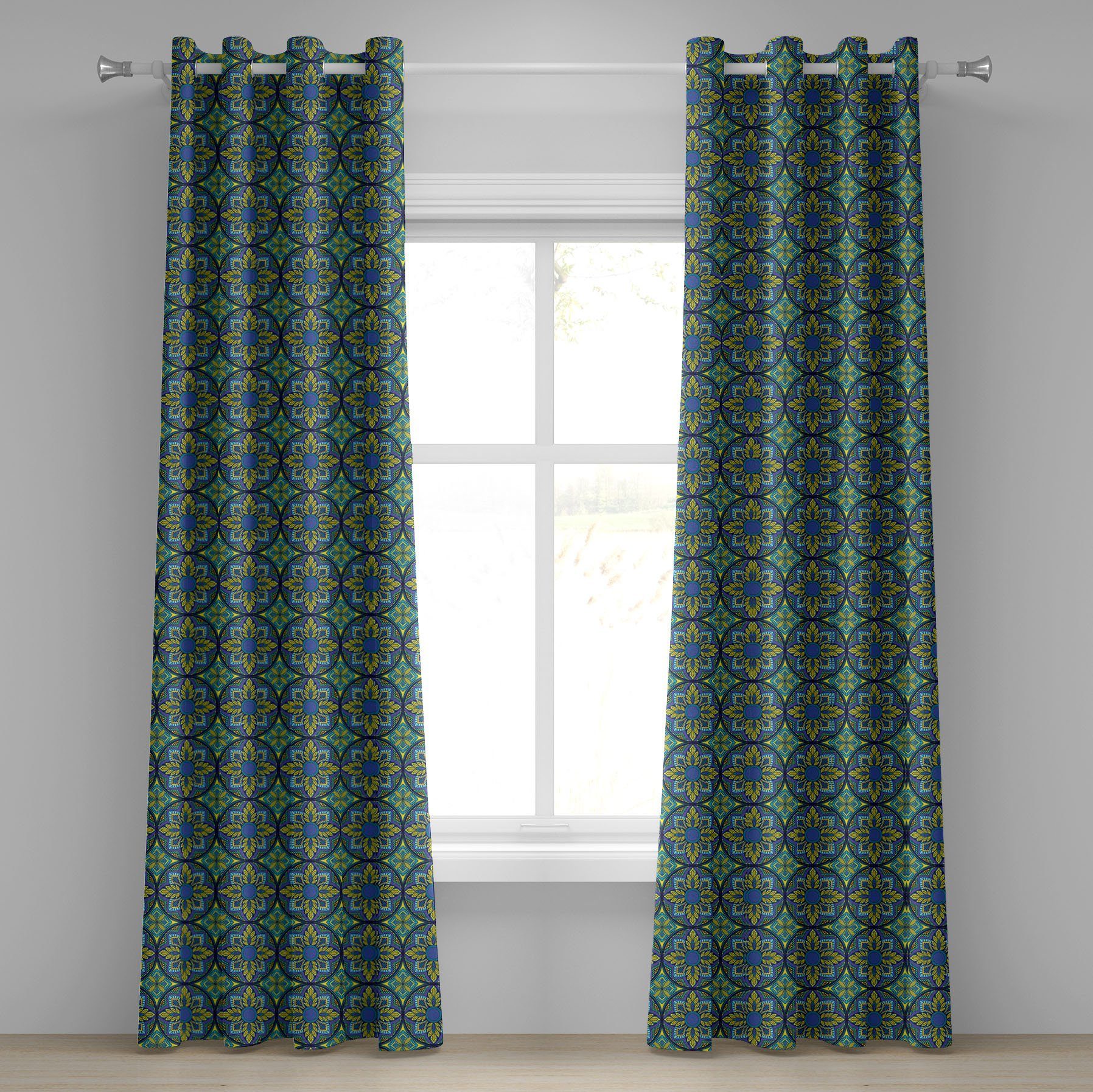 Gardine Dekorative 2-Panel-Fenstervorhänge für Schlafzimmer Wohnzimmer, Abakuhaus, Jahrgang Mosaik Fliesen Muster