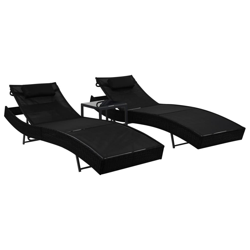 Gartenliege Sonnenliegen 2 Stk. mit Tisch Poly Rattan und Textilene Schwarz