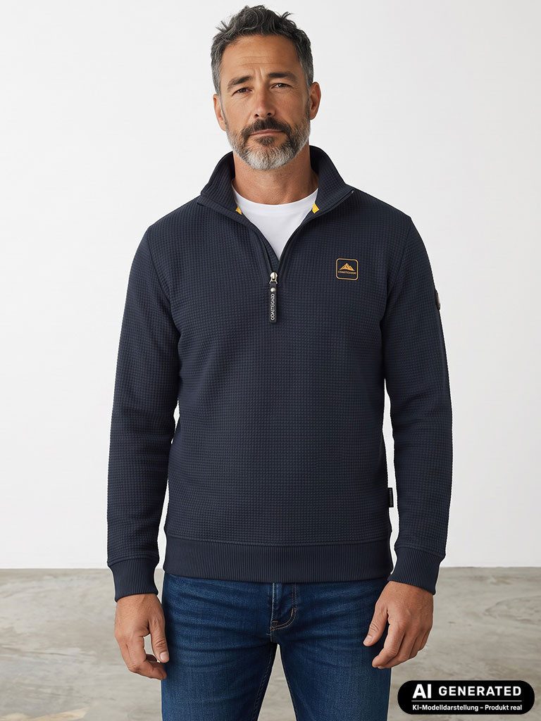 Coastguard Troyer Herren Sweat-Troyer 80937 mit Waffelstruktur - Pullover Troyer-Kragen Stehkragen mit Reißverschluss, Rippbündchen an Ärmeln und Saum
