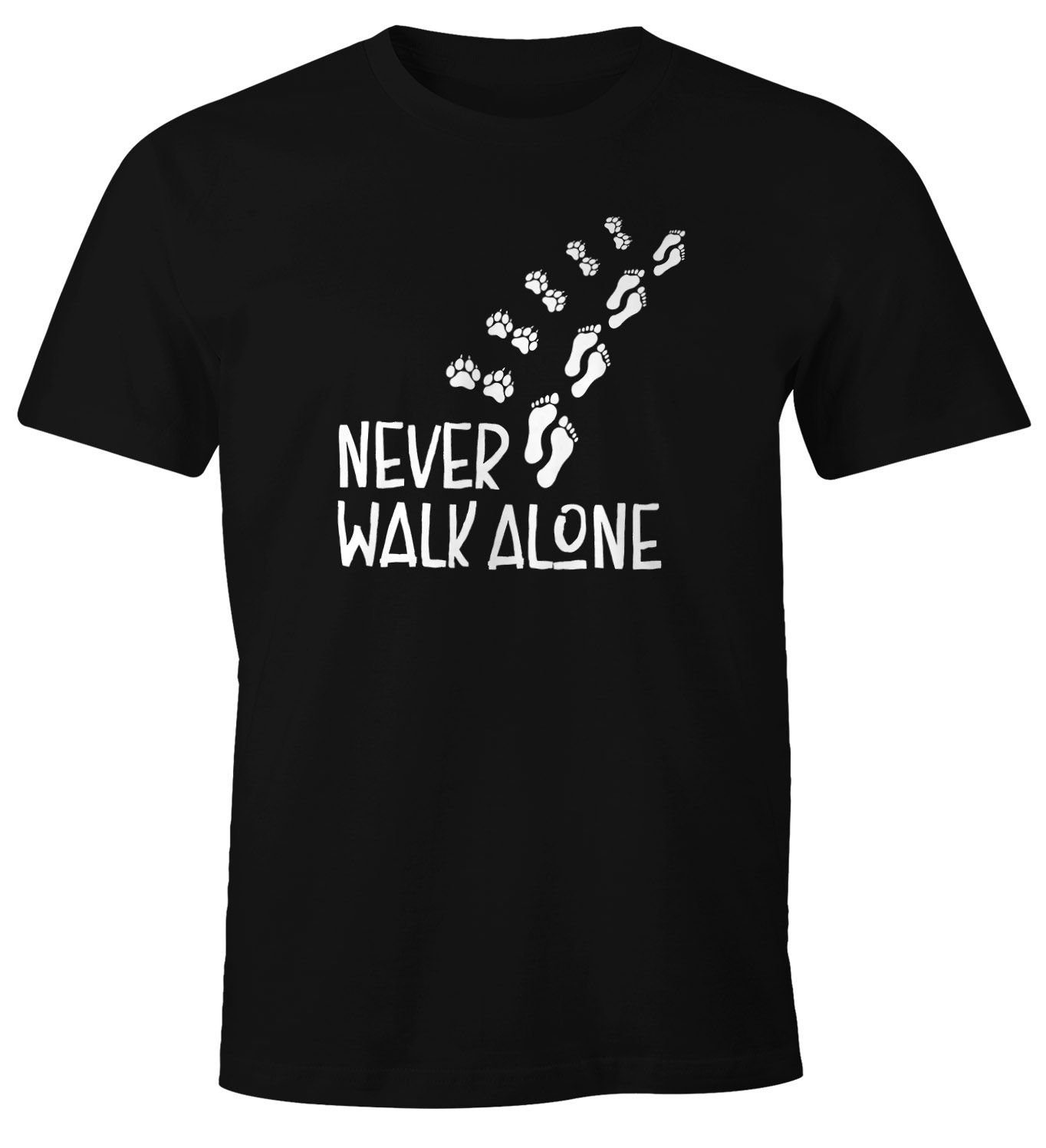Print-Shirt Herren T-Shirt Never walk alone Hund Pfoten Hundepfoten Pfotenabdrücke Hundebesitzer Fun-Shirt Moonworks®