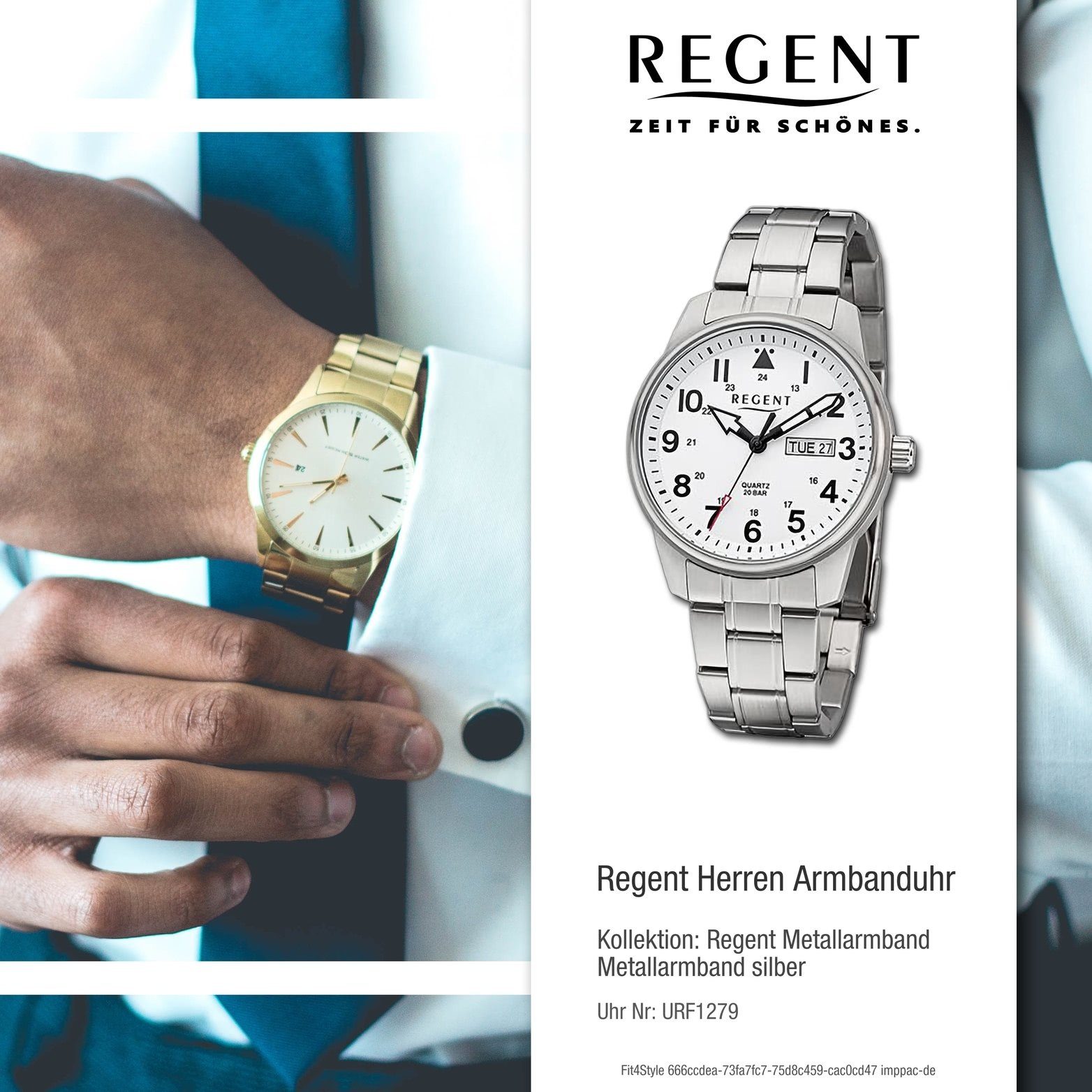 Regent Herren Herrenuhr extra rundes Metallarmband (ca 40,5mm) Armbanduhr Regent Analog, groß silber, Gehäuse, Quarzuhr