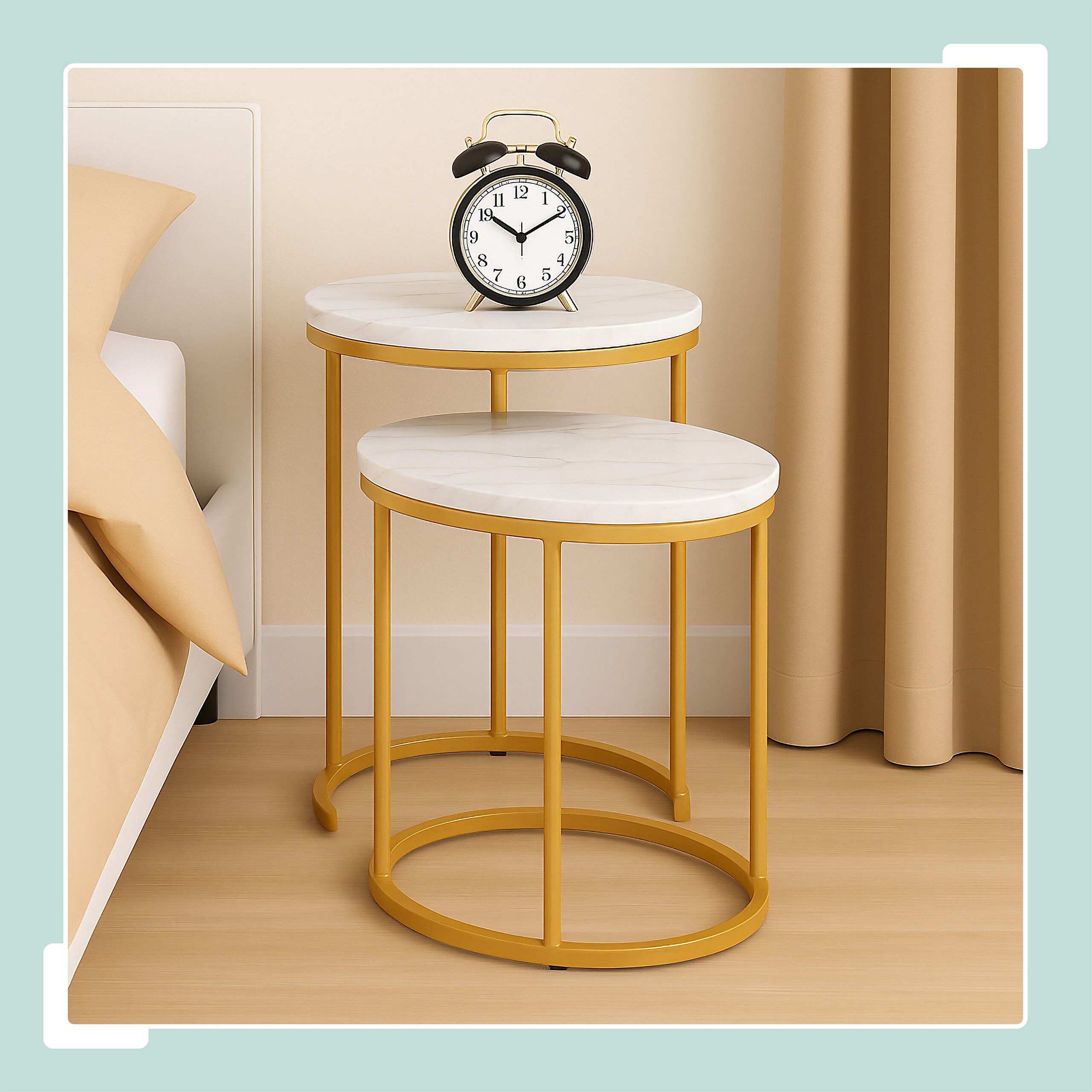 relaxdays Satztisch 2er Set Marmoroptik & Metall (2er Set), Weiß/Gold