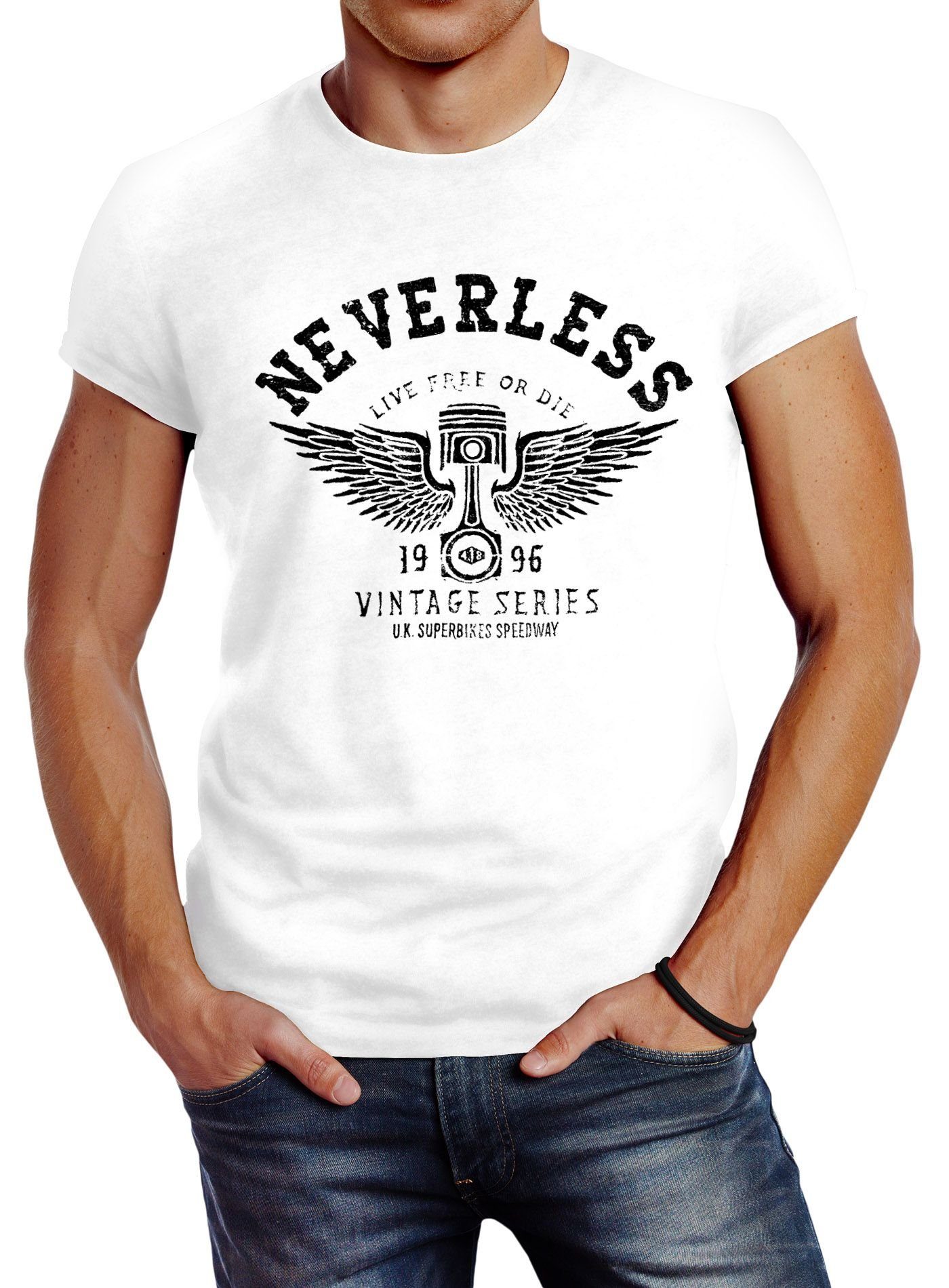 Neverless Print-Shirt Herren weiß Neverless® mit Motorblock Slim Motorrad Engine Print Fit Flügel Wings T-Shirt Biker