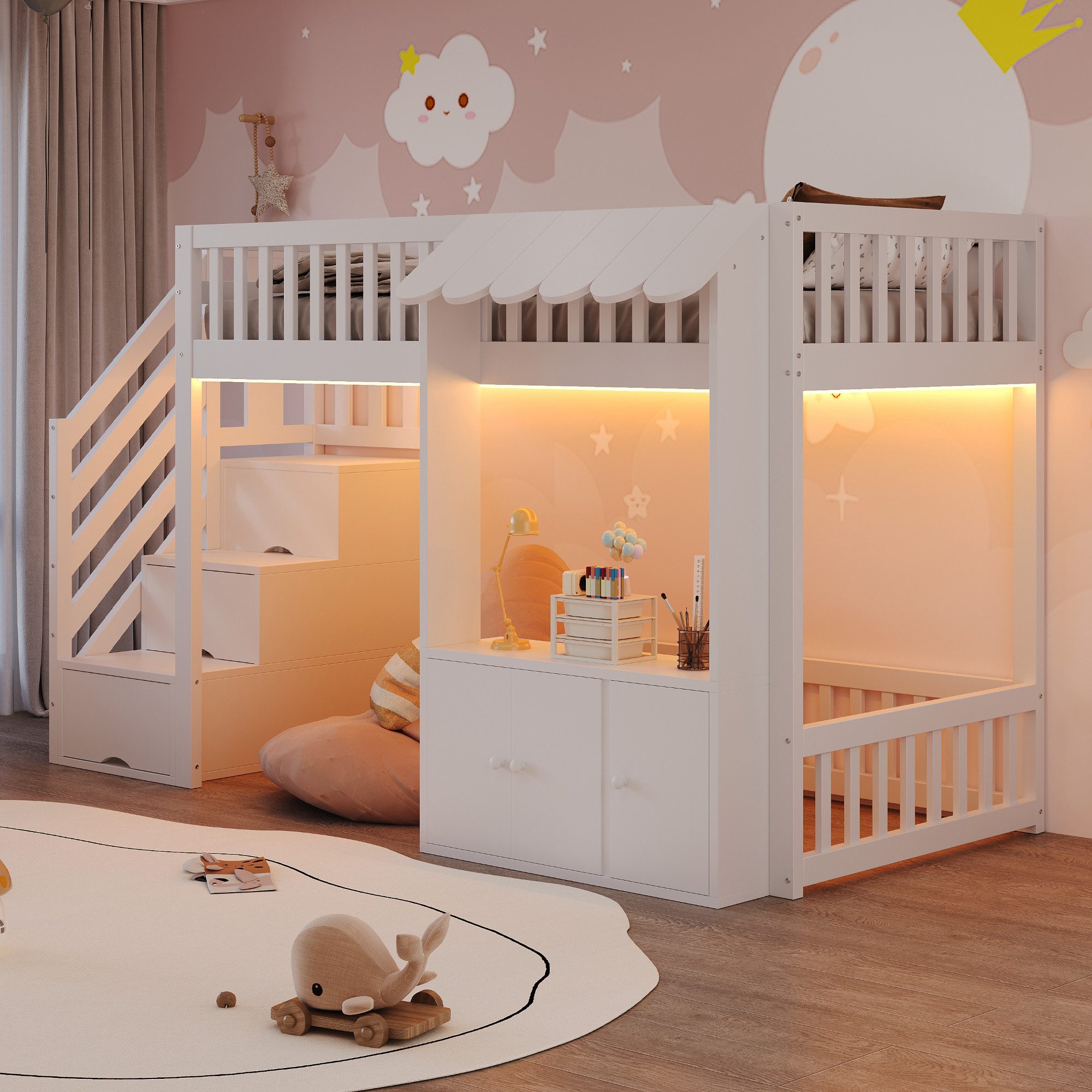 OKWISH Hochbett Jugendbett Funktionsbett (mit Stauraumtreppe, Stauraumschrank, mehrfarbiger LED-Lichtleiste und Traufendesign, inklusive Lattenrost, 90×200 cm) ohne Matratze