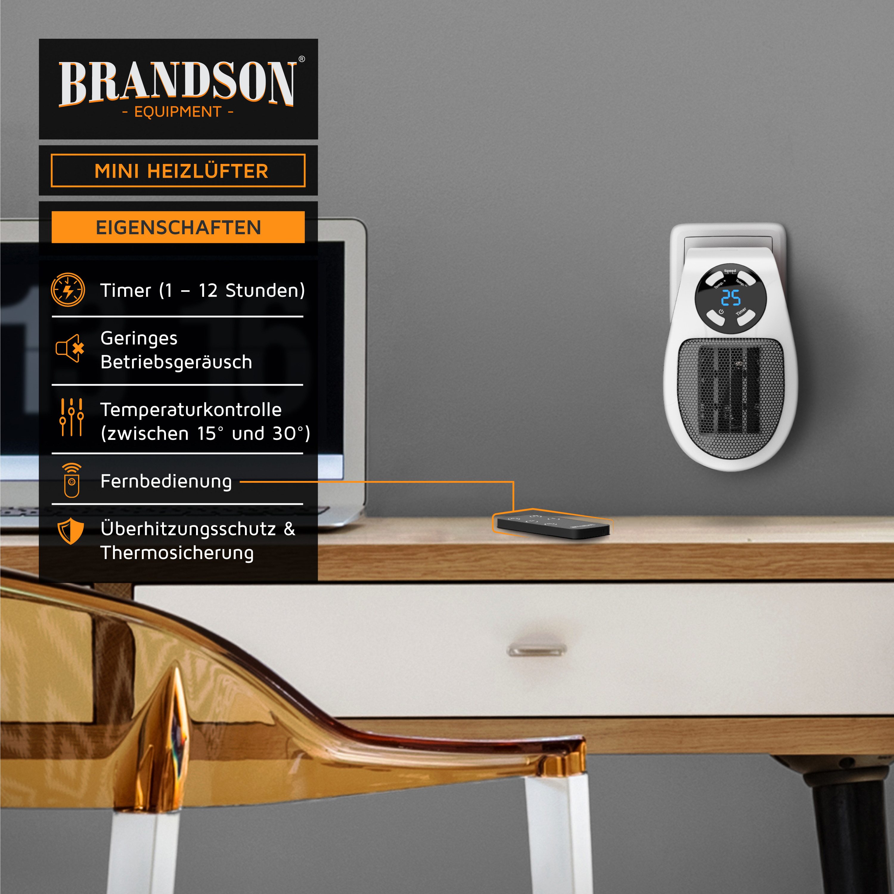 Brandson Keramikheizlüfter Steckdosen Mini Keramikheizgerät mit Temperaturregelung, Fernbedienung, 500 W, energiesparend, Mini Heizung, Thermostat, Timer, für B – Bild 5 von 5