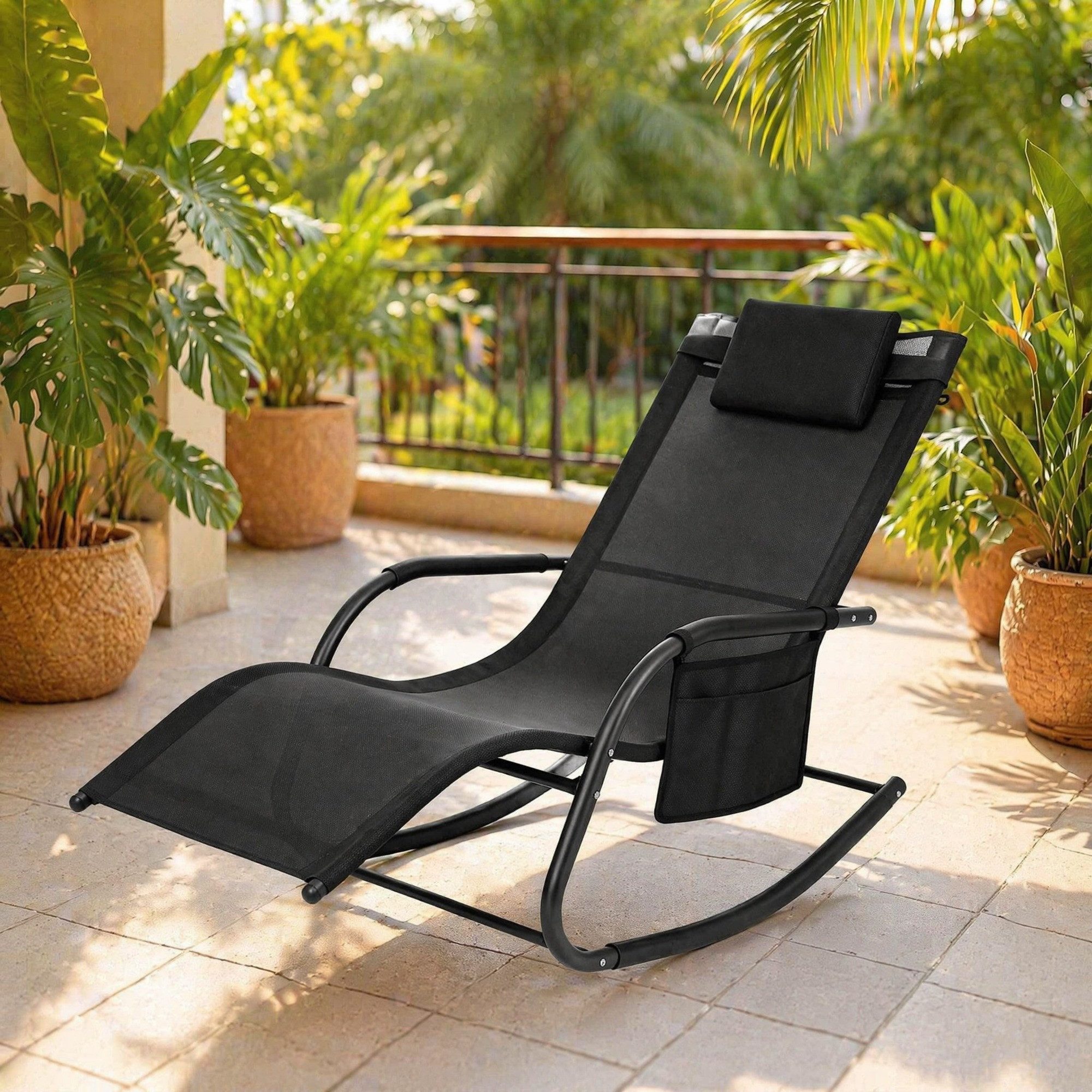 CHICFURN Schaukelstuhl Liegesessel mit Seitentasche und gebogenem Sitz (Packung, 1 St), Outdoor Nutzung, Schwarz, 152 × 83 × 62 cm