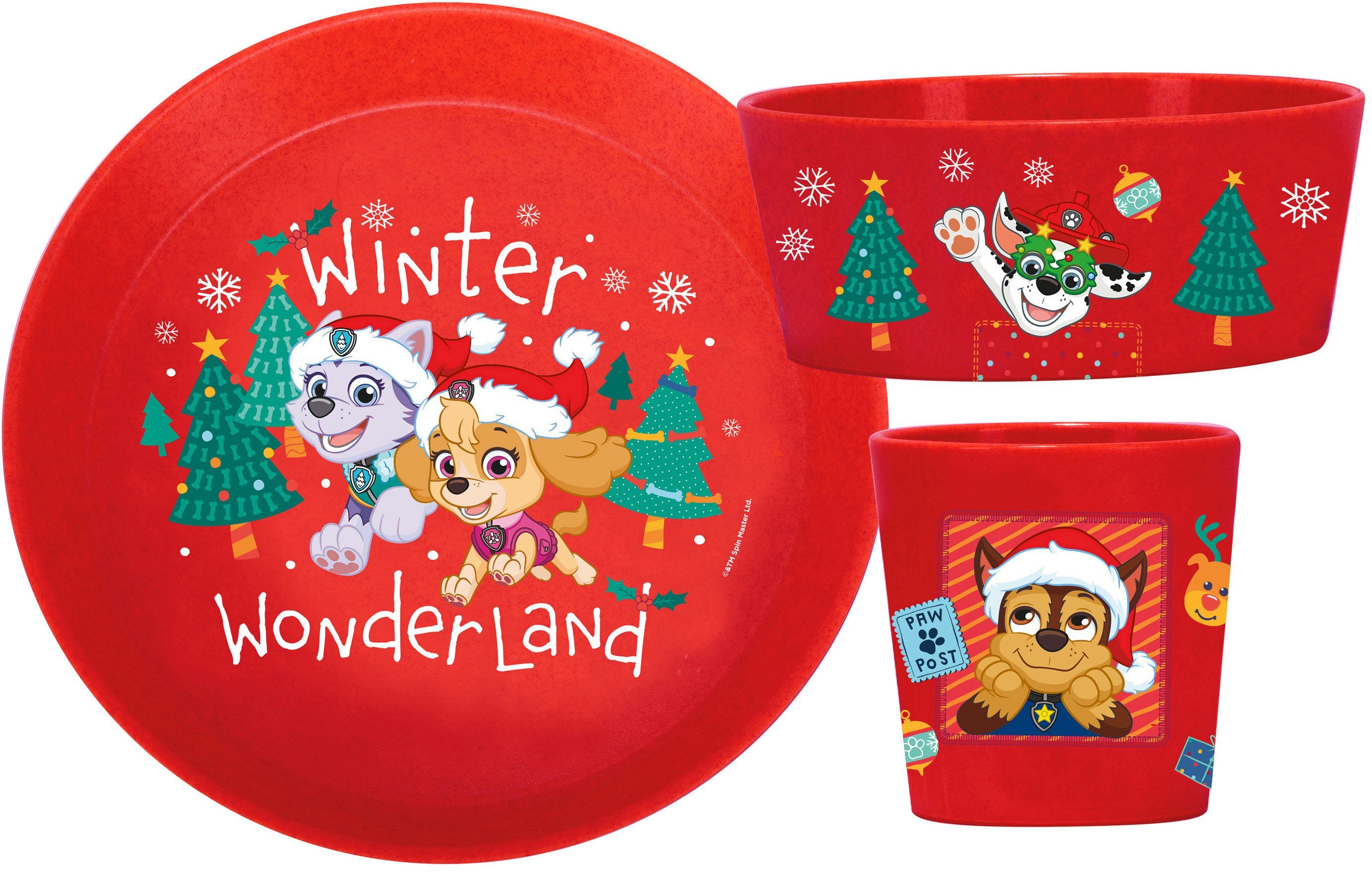 KOZIOL Kindergeschirr-Set Kleiner Teller + Schale + Becher CONNECT PAW PATROL WINTER WONDERLAND (3-tlg), 1 Personen, Kunststoff, Polypropylen, made in Germany, melaminfrei, klimaneutral, 3 Teile, für 1 Person