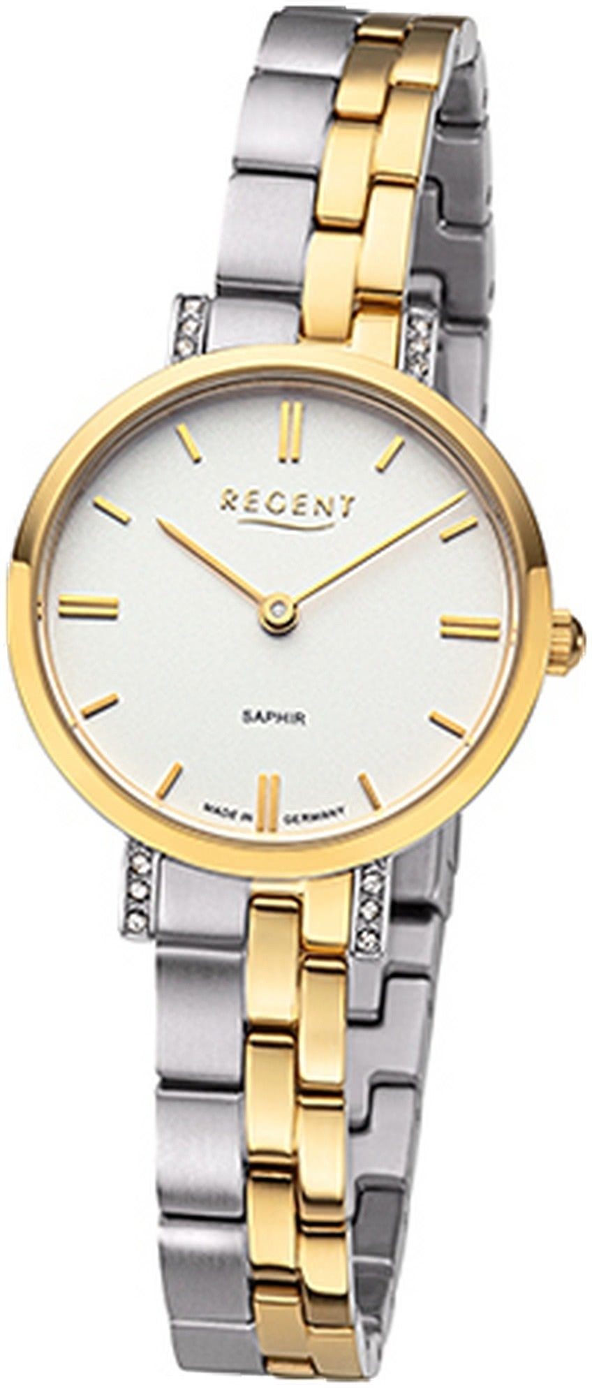 Regent Quarzuhr Regent Damen Armbanduhr Analog, Damenuhr Metallbandarmband silber, gold, rundes Gehäuse, klein (28mm)