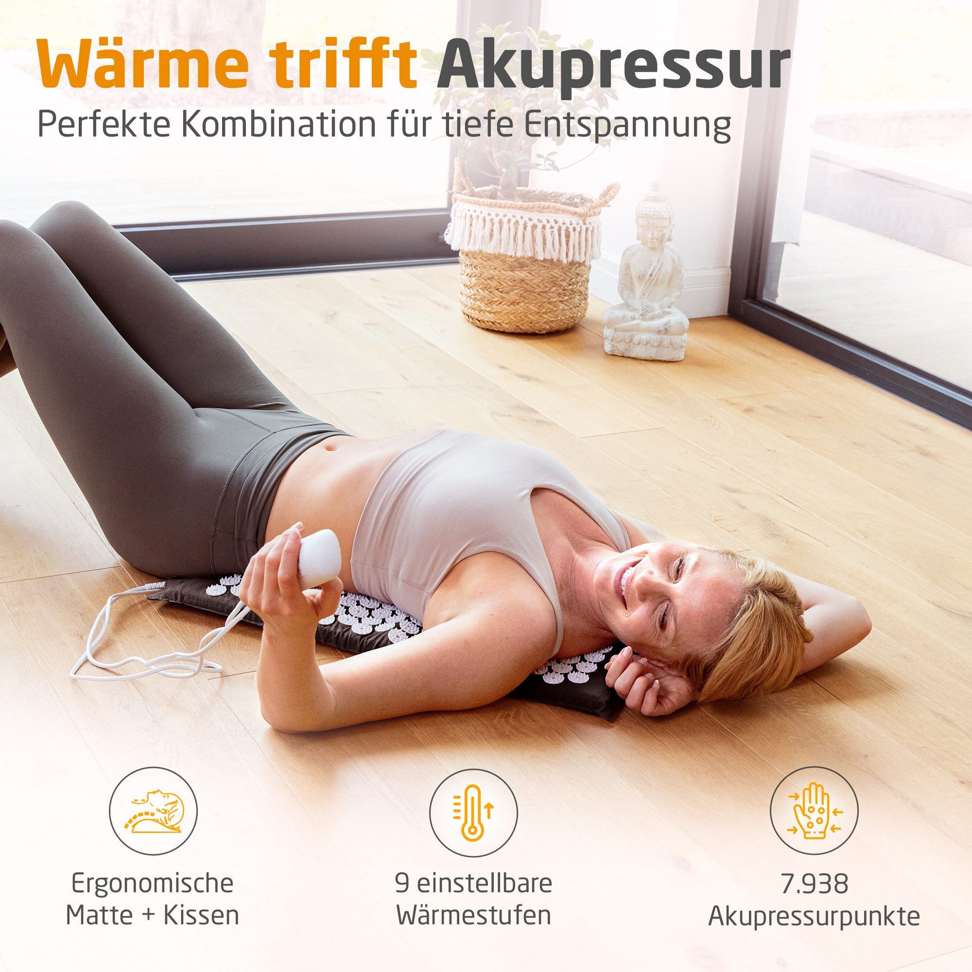 medisana Massagematte MM 100 mit Wärmefunktion und 9 einstellbaren Temperaturstufen, beinhaltet Matte, Kissen und Beutel, Sanfte Akupressur für Gesundheit und Wohlbefinden