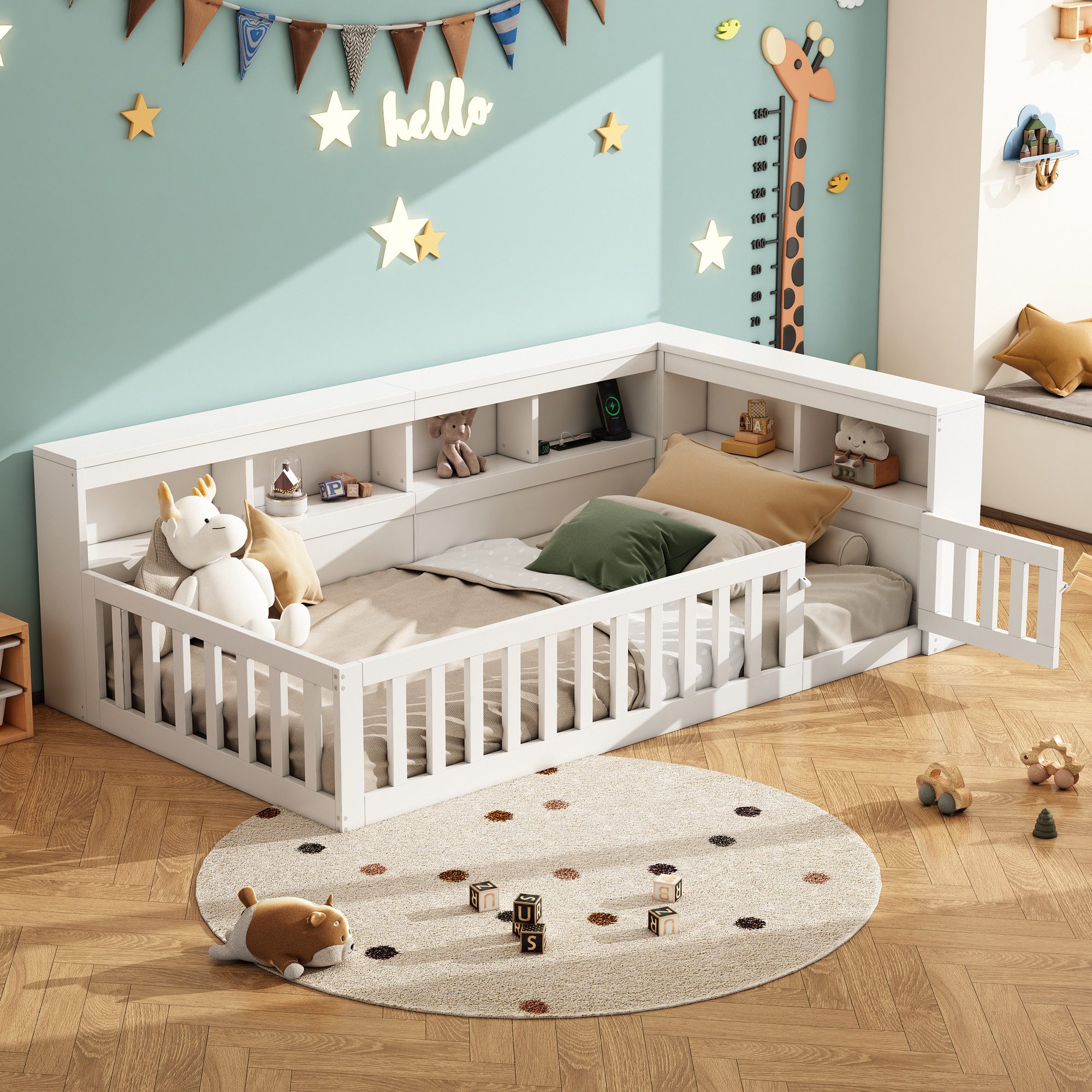 Flieks Holzbett, Kinderbett Daybett 90x200cm mit Stauraum, Aufladen und Geländer