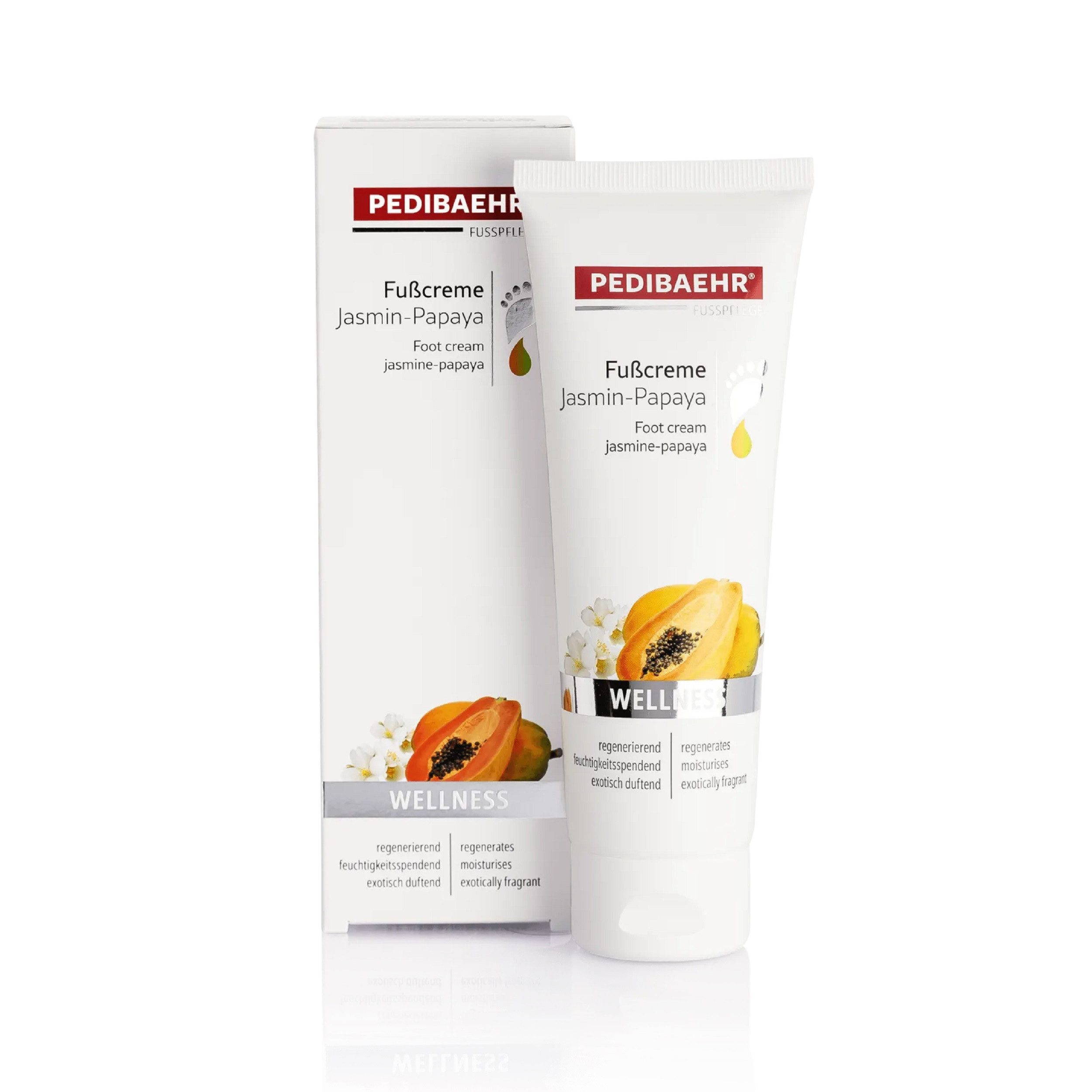 Pedibaehr Fußcreme Pedibaehr Fußcreme Jasmin-Papaya 125ml exotisches Dufterlebnis, 1-tlg., mit Panthenol, Allantoin, Vitamin E-Acetat, Sheabutter und 5 % Urea