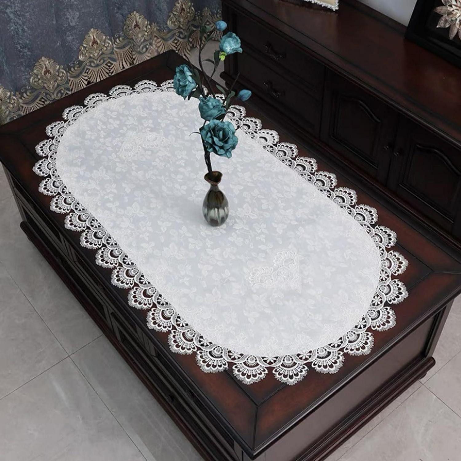 LuxusKollektion Tischläufer Tischläufer Spitze Oval 40x90cm Stickerei Weiss Leinen-Optik (1-tlg)