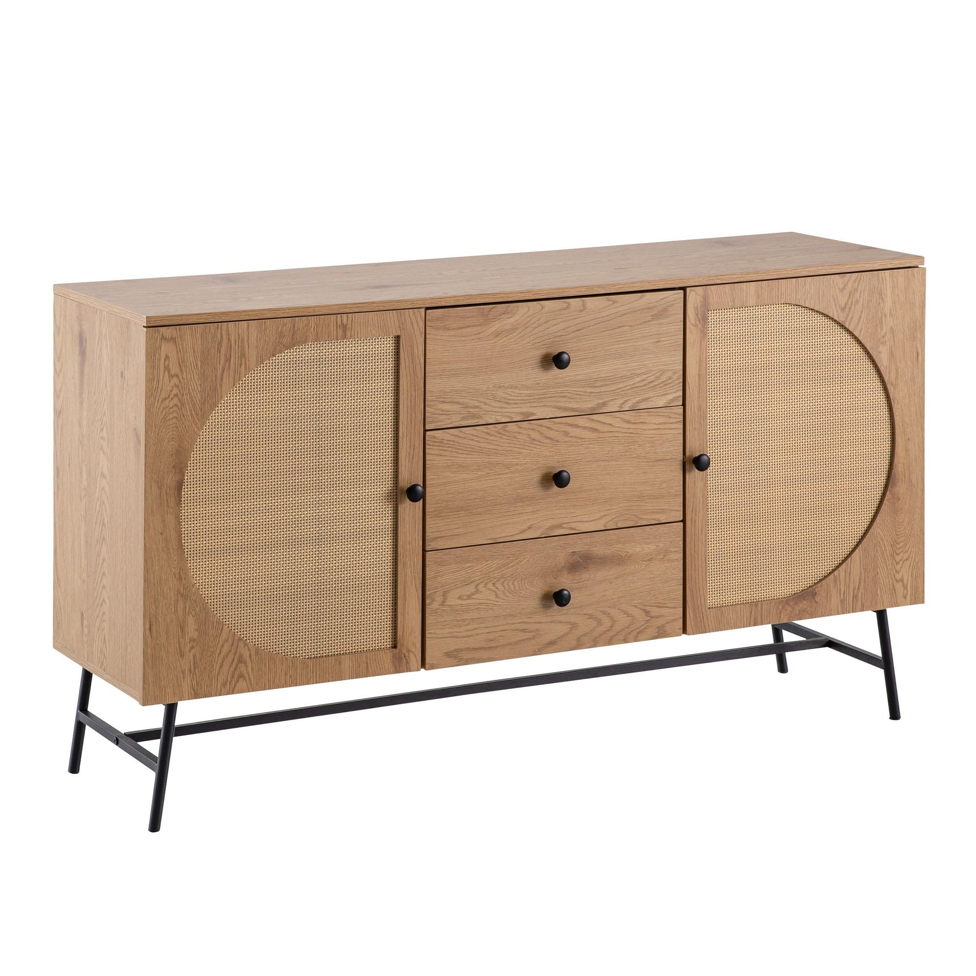 KADIMA DESIGN Kommode Sideboard 140x80x40 cm Kommode Eiche-Dekor mit Rattan Geflecht (Schubladen, Anrichte Wohnzimmer), Modern, Hoher Kommodenschrank, Standschrank mit 2 Türen und 3