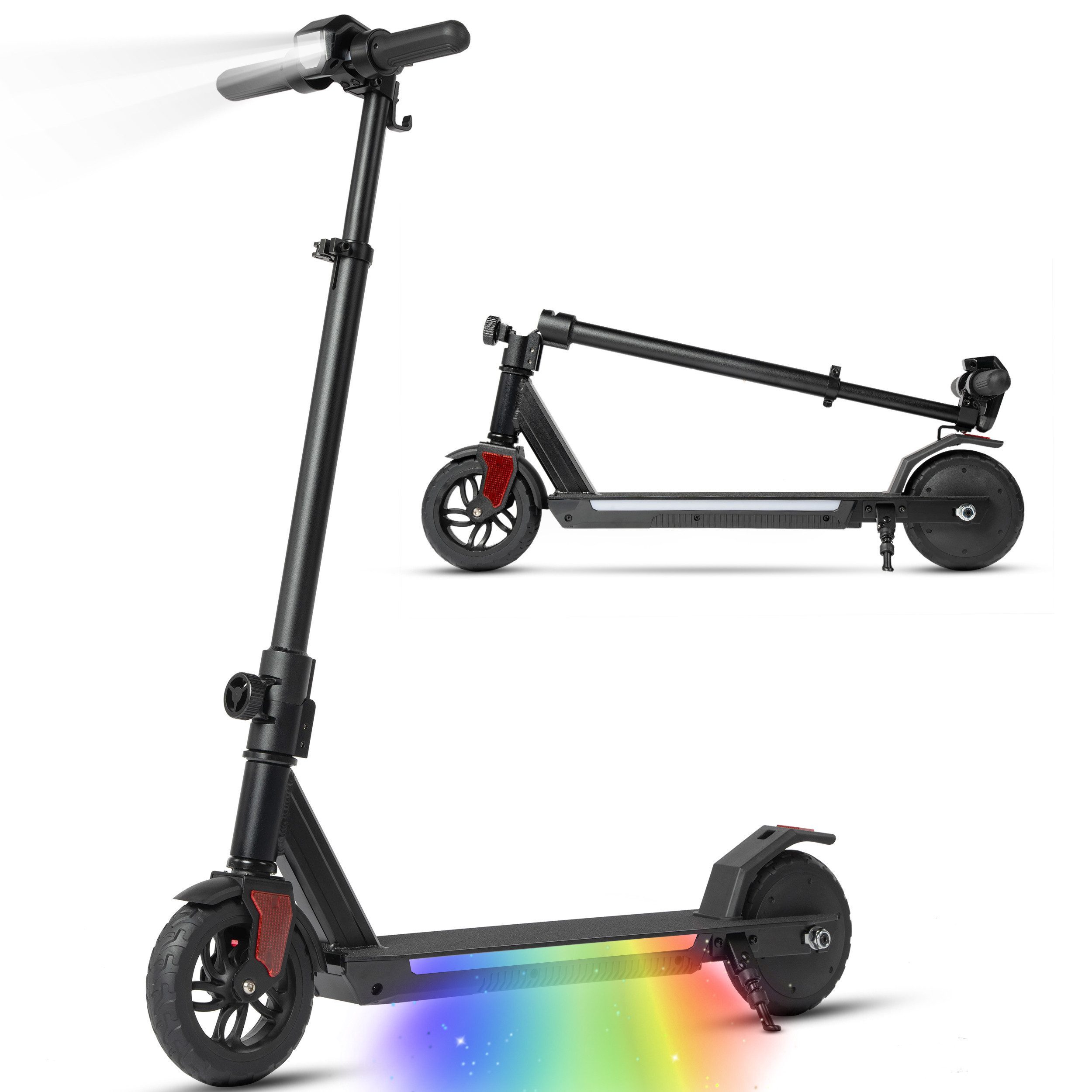 Vankel Elektro-Kinderroller klappbar, E Scooter für Kinder, ab 10 Jahre, 15km, Bunte Leuchten, Cityroller, 14km/h, EBS+Fußbremse, höhenverstellbar, mit Haken