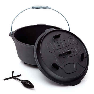 BBQ Nerd Feuertopf Professional mit Füßen, (Dutch Oven Bräter mit Deckel inkl. Deckelheber , bereits eingebrannt - preseasoned, 4,2L / 7,3L 9,0L / 13,6L), Feuerfester Grill & Camping Kochtopf, Grilltopf