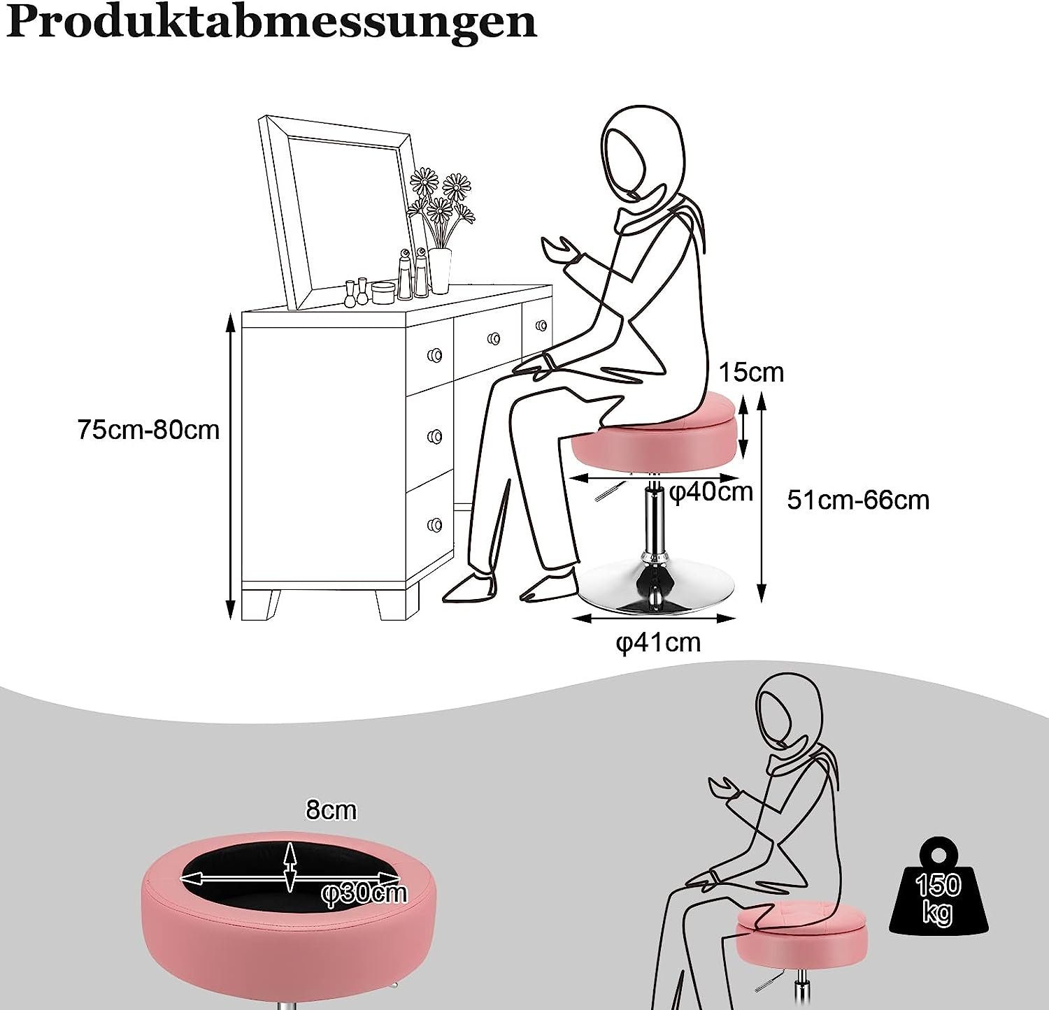 KOMFOTTEU Ottomane Schminkhocker, höhenverstellbar,drehbar,mit Deckel