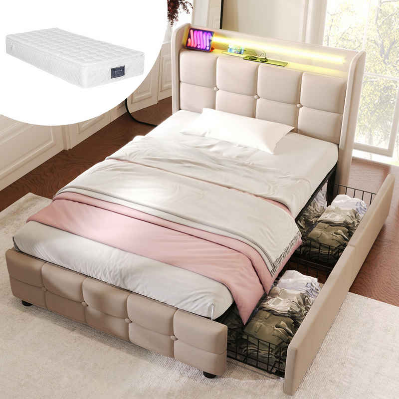 Fine Life Pro Bett Polsterbett mit USB-Ladefunktion, Kopfteil und LED-Beleuchtung