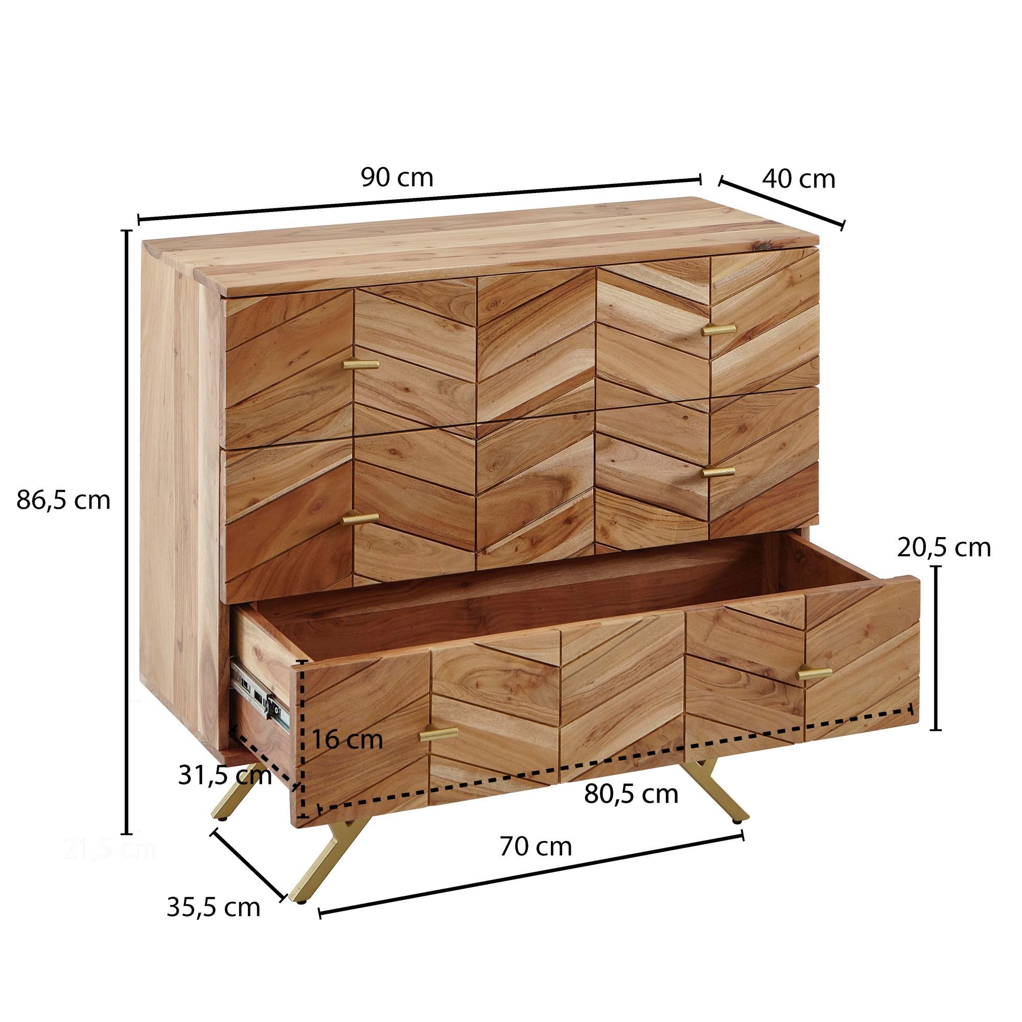 FINEBUY Sideboard FB60960 Massivholz Schubladenkommode 90cm Akazie Kommode (Hoher Kommodenschrank, Kommode 3 Schubladen), Akazie Massivholz / Metall Anrichte, 90x86 cm